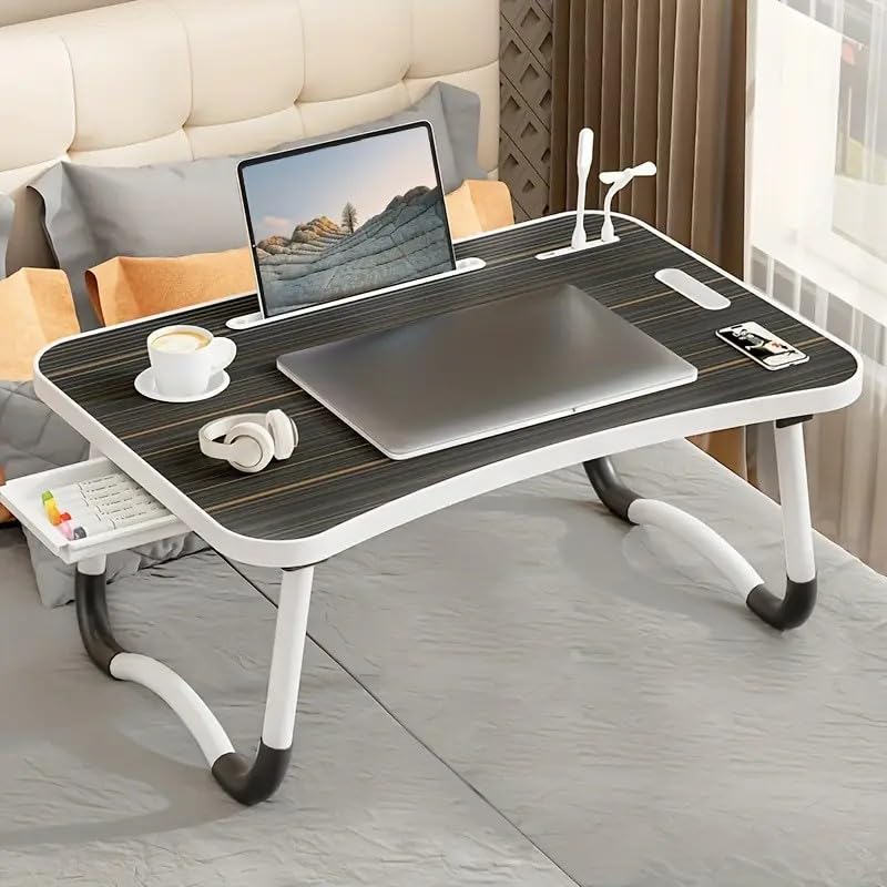 INNOVATIVE LIFE Foldable Laptop Table, Portable Lap Desk Bed Table Tray, Laptop Stand with Cup Holder & Tablet Slot & Lifting Handle for Working Writing Drawing & Eating, Black