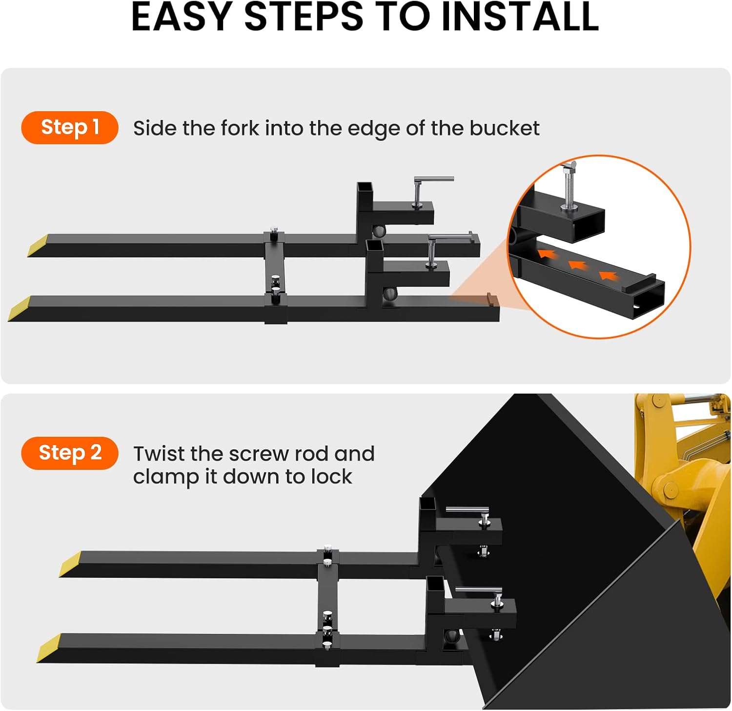 Clamp on Debris Forks to 60" Bucket, 2000 Lbs Capacity Heavy Duty Clamp on Pallet Forks Attachment for Skid Steer Tractor Loader, Lift Logs Lumber Hay Construction Materials