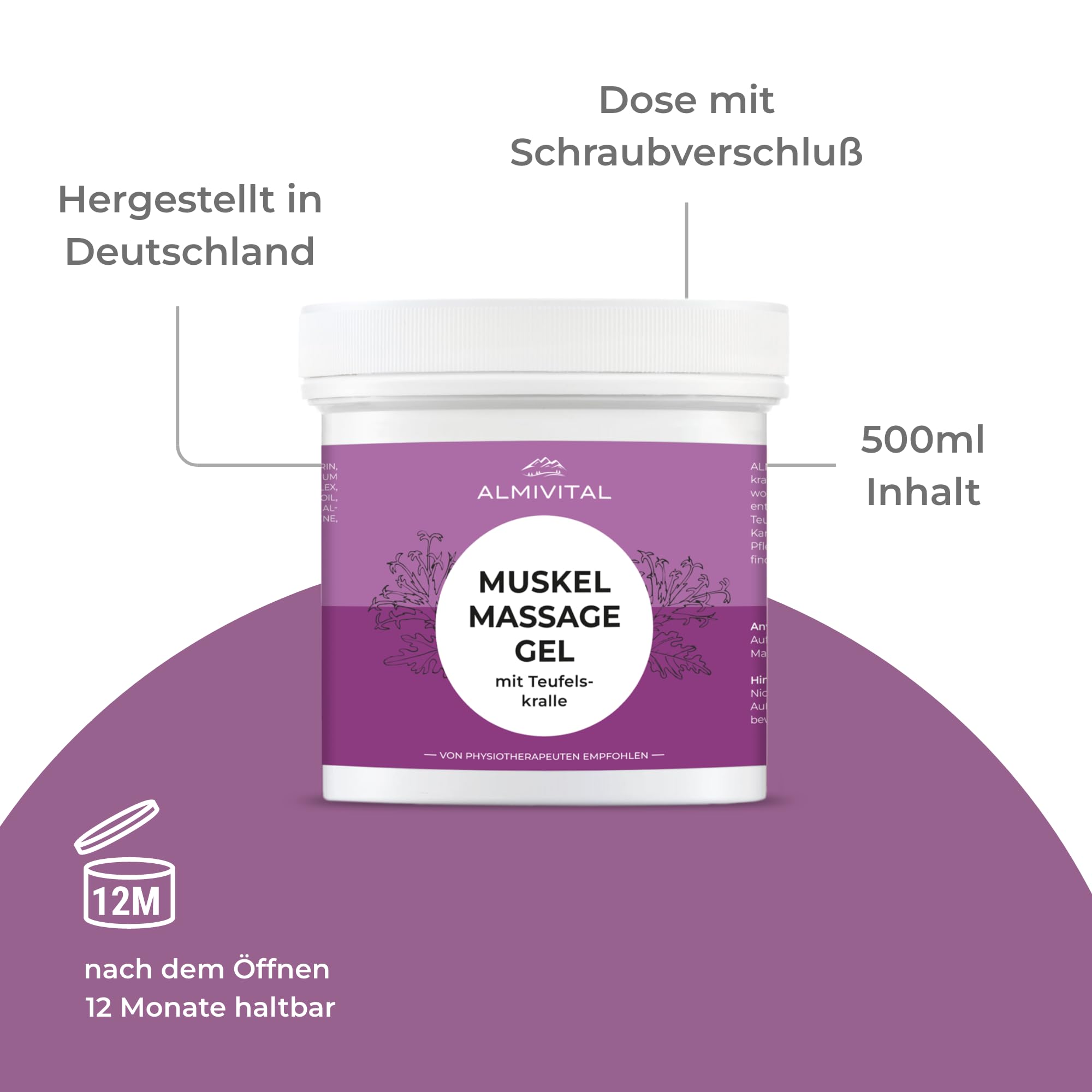 ALMIVITAL Muskel Massage-Gel mit Teufelskralle – 500 ml | Kühlgel gegen Muskelschmerzen, Gelenkschmerzen & Muskelverspannungen | Salbe für Nacken, Schulter, Rücken & Sport