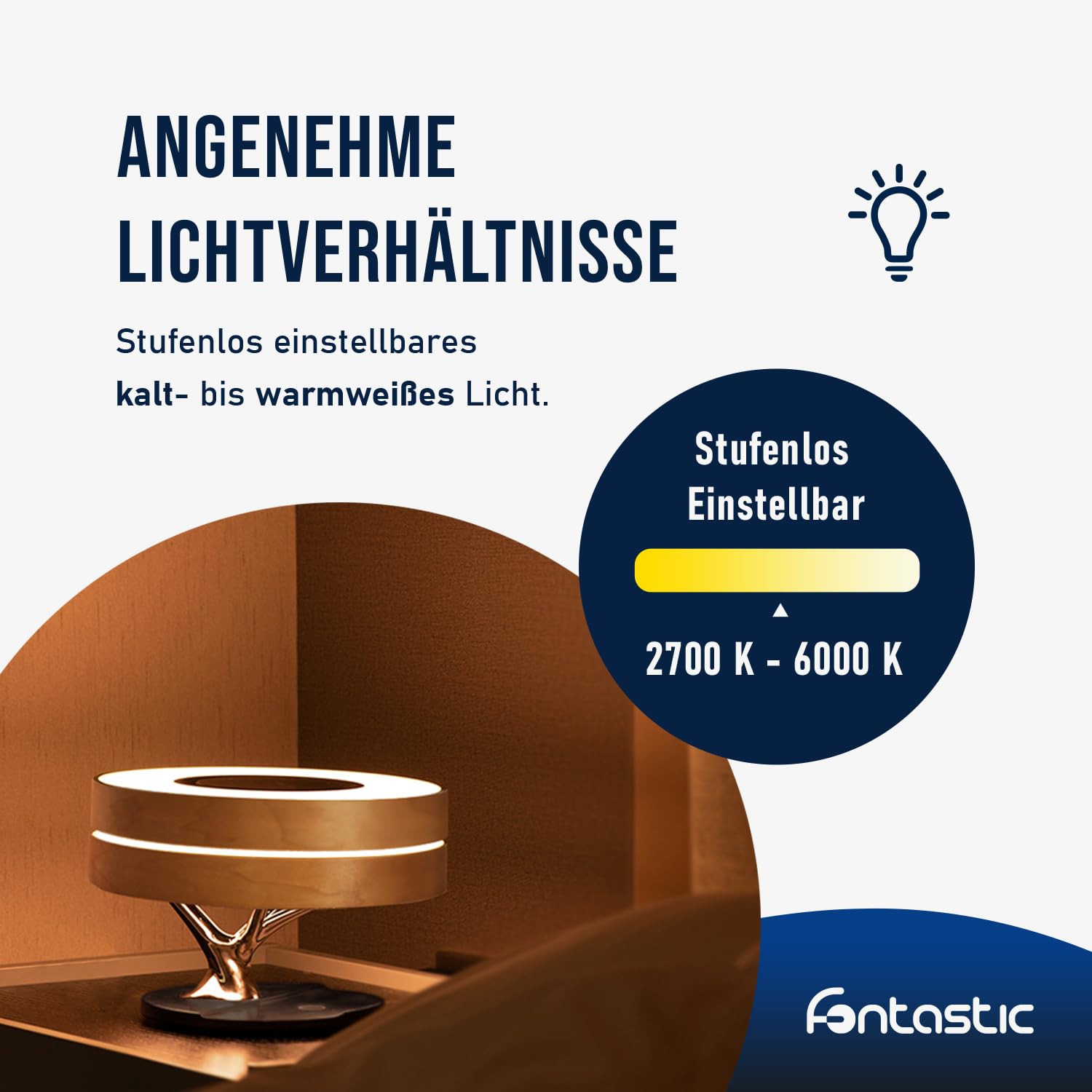 Fontastic „Icona“ LED Nachttischlampe Touch dimmbar, multifunktionelle Tischlampe mit kabelloser Ladefunktion, Bluetooth Lautsprecher und Timer, Designer-Tischleuchte inkl. TWS-Speaker
