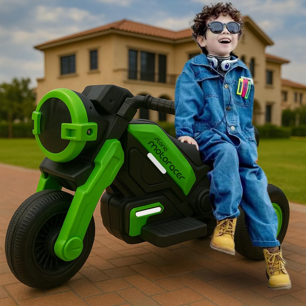 Storio Green Kids Electric Ride-on Bike – Battery Motorcycle with Side Wheels, Flashing Headlight, Music, LED Lights, Rechargeable Long-Lasting Battery.-image-1