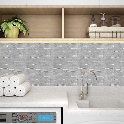 Miniatura 3 de Tic Tac Tiles Autoadhesivo extraíble para la loseta del muro de la cocina o el baño, azulejos metálicos (gris plateado, 6)