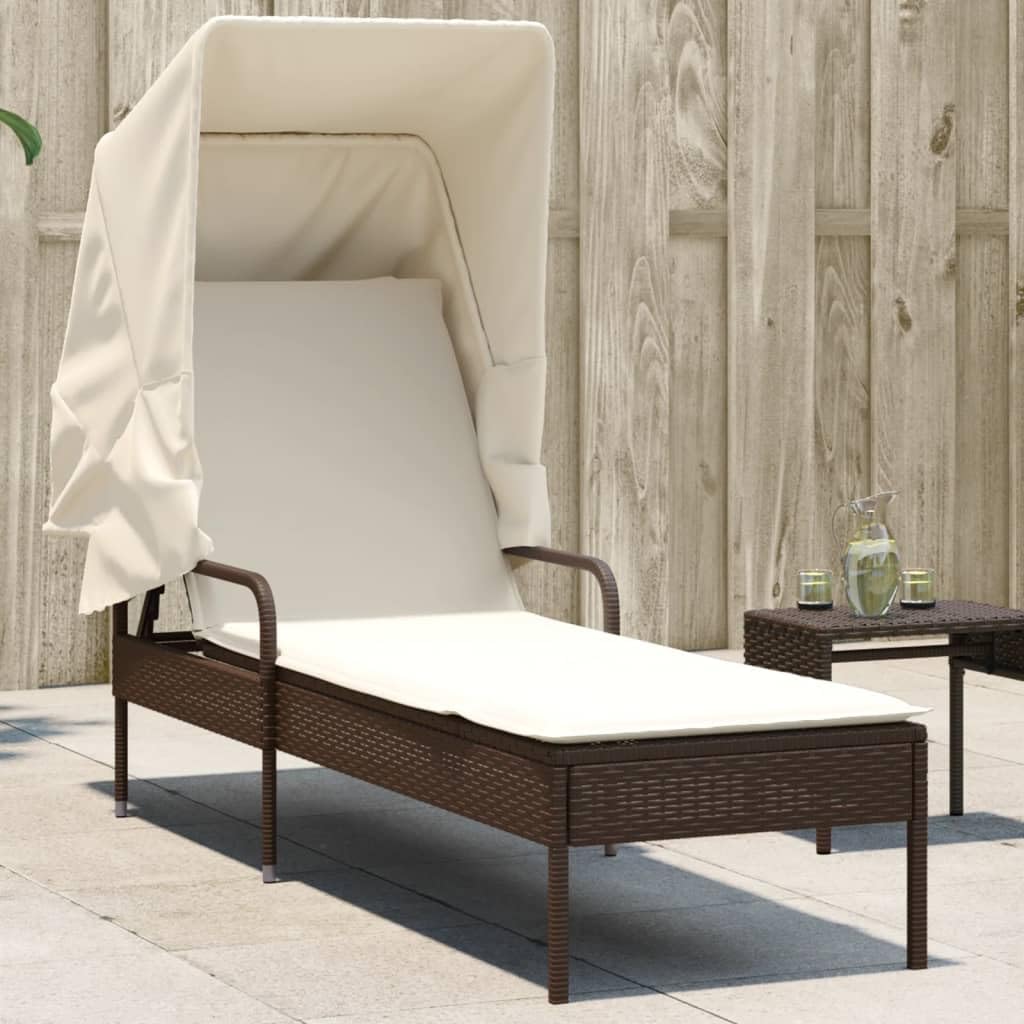 Lettino prendisole con tettuccio marrone, in polyrattan, regolabile, con imbottitura e braccioli, resistente alle intemperie, per terrazza, balcone, piscina, pieghevole e salvaspazio, sdraio