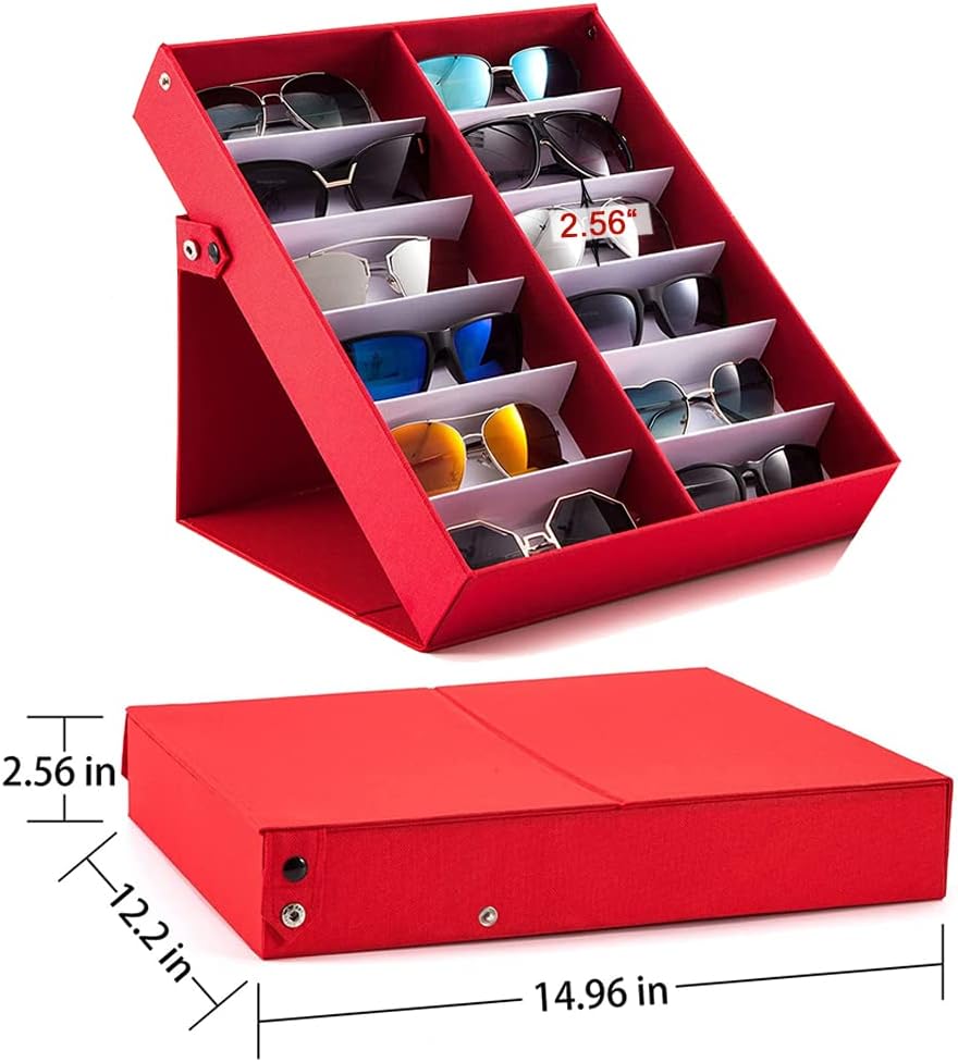 12 Slot Polyester Silk Lining Sunglasses Display Case with Stand Function (Red 1pack)