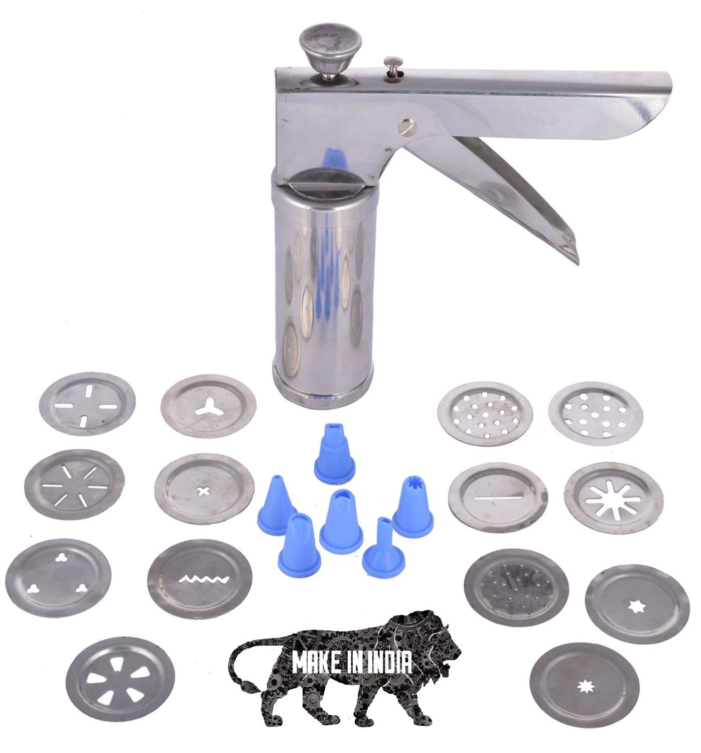 Hetarmi Kitchen Press Sancha - Sev, Janthikulu, Gathiya, ChakliMurukku, Idiyappam, Sevaiya, Indian Farsan Snakes Maker-Making Machine with Cake Decorating Gun 6-Nozzle and 15 Different Types Jali