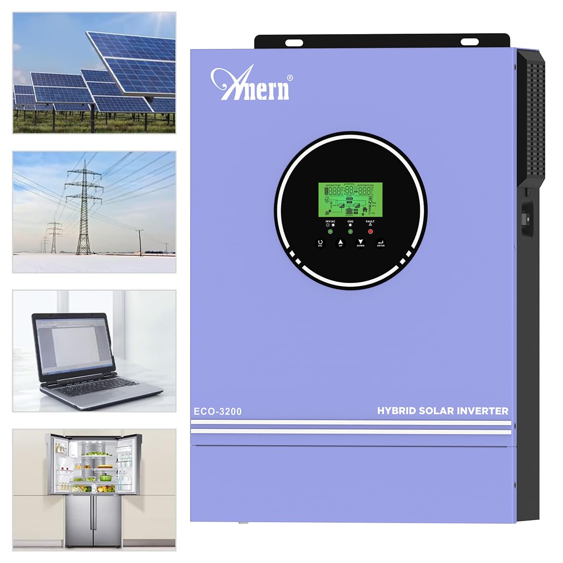 Anern 3000W Inversor Solar Híbrido 24V DC a 230V AC Sin Red Controlador Solar MPPT de 80A Integrado, Tensión de Entrada PV Máx.400V, Sinusoidales Inversor Híbrido Funciona con Batería De 24V