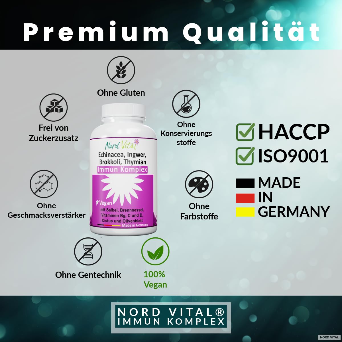 Immun-Komplex mit 15 aktiven Inhaltsstoffen - Echinacea, Brokkoli, Ingwer, Salbei, Brennnessel, Cistus, Olivenblatt, Vitaminen C, B9 und D, Zink und Selen - deutsche Produktion