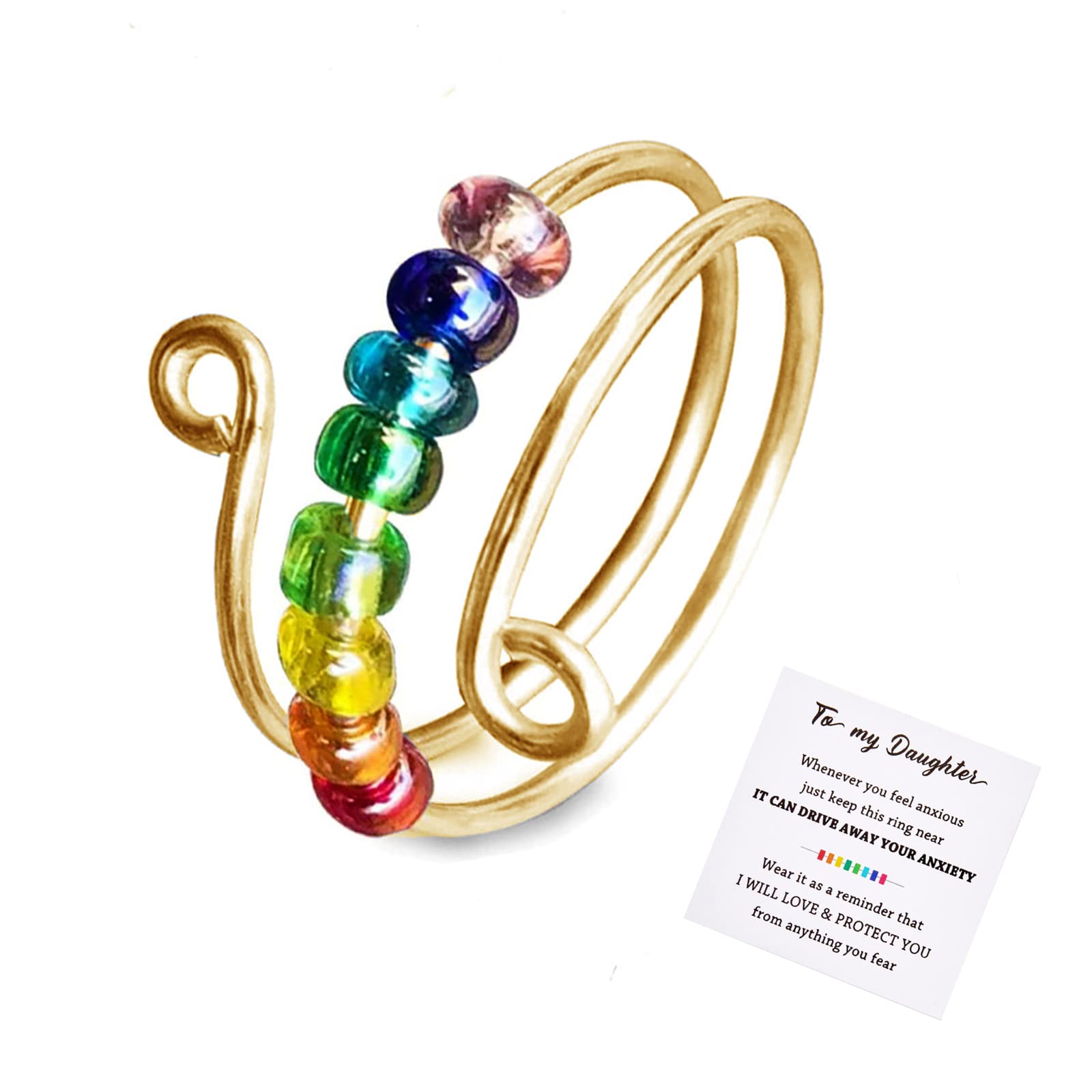 To My Daughter - Fidget Ring Anxiety Meditation Ring for Women Ring with Beads Spinner Adjustable Swivel Ring Figet Anxiety Jewelry Gift For Daughter Stepdaughter (to my daughter coloful beads-1)