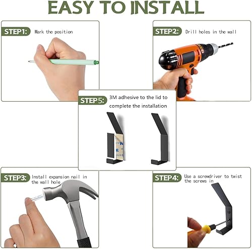 Miniatura 7 de Yutigo Ganchos de pared para colgar abrigos, 5 ganchos de pared resistentes de metal negro para colgar abrigos, mochilas, sombreros, chaquetas,