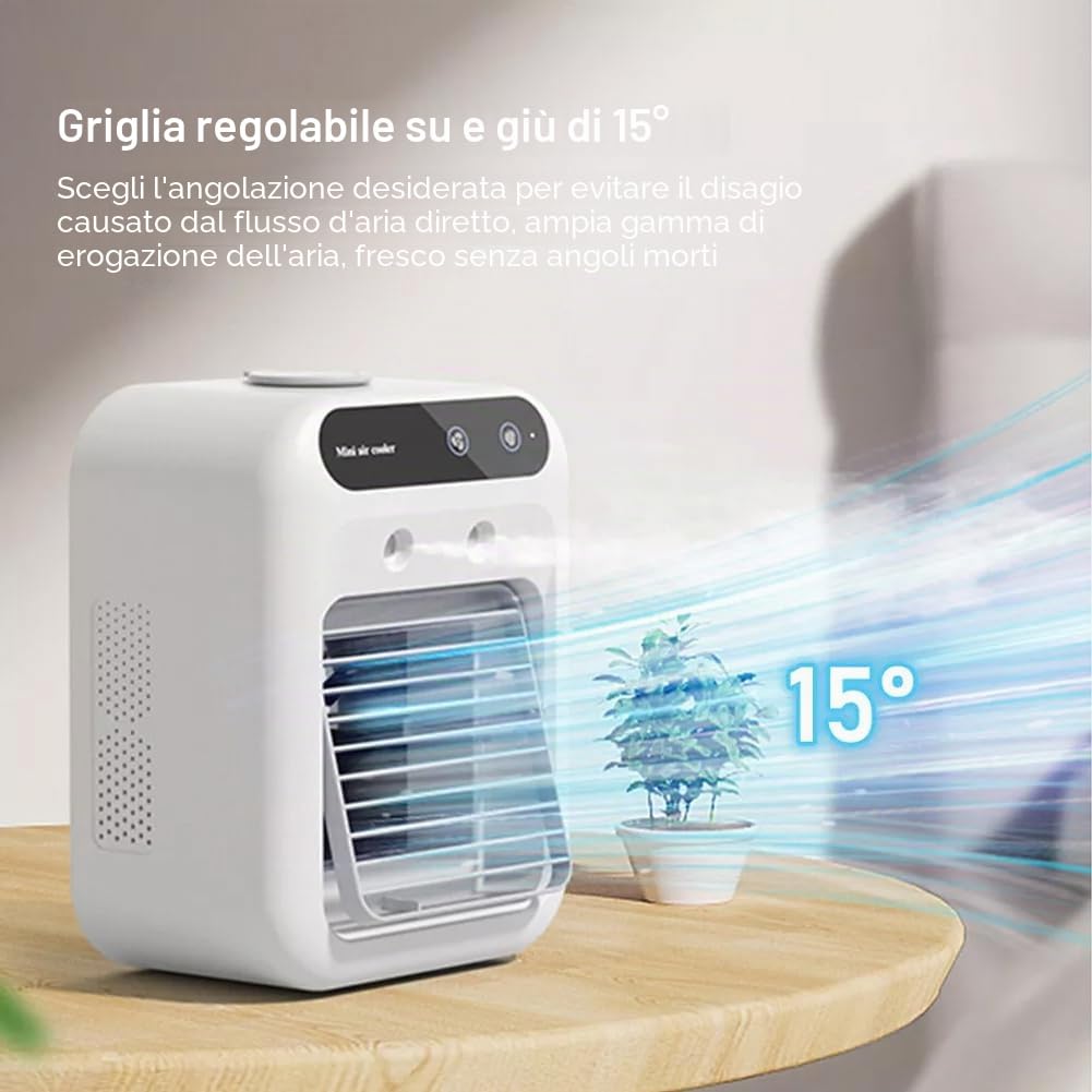 Mini condizionatore d'aria portatile, ricaricabile USB, batteria 1800 mAh, 2 velocità vento, 2 modalità spruzzo, funzionamento silenzioso per casa, ufficio, auto, viaggi