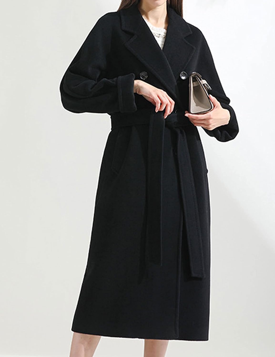 Himosyber Women Wool Blend Pea Coat Camel Notched Collar Double Breasted Outerwear Jacket - Image 3