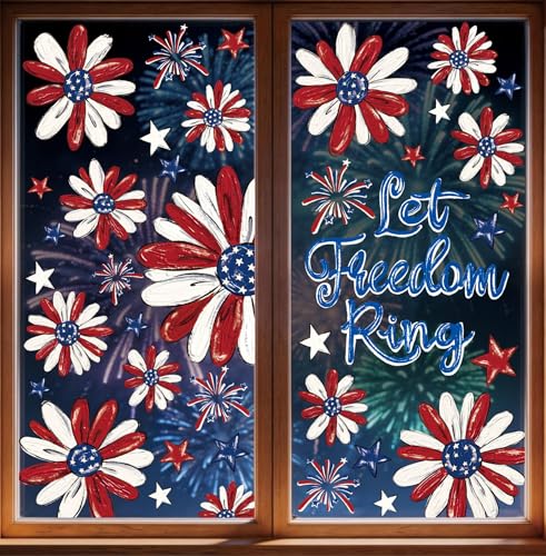 Patriotic Window Clings Red Blue Daisy Stars Fireworks Let Freedom Ring Window Stickers Double-Side Flower Glass Decals for Memorial Day Veterans Day Decor,6 Sheets