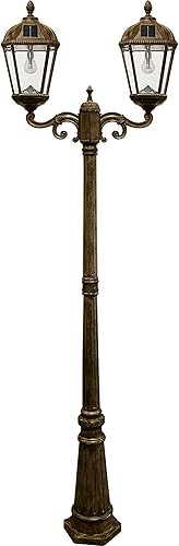 GAMA SONIC Kit de lámpara solar para exteriores, bombilla real de 120 lúmenes, doble cabeza de aluminio fundido de bronce envejecido y lámpara de