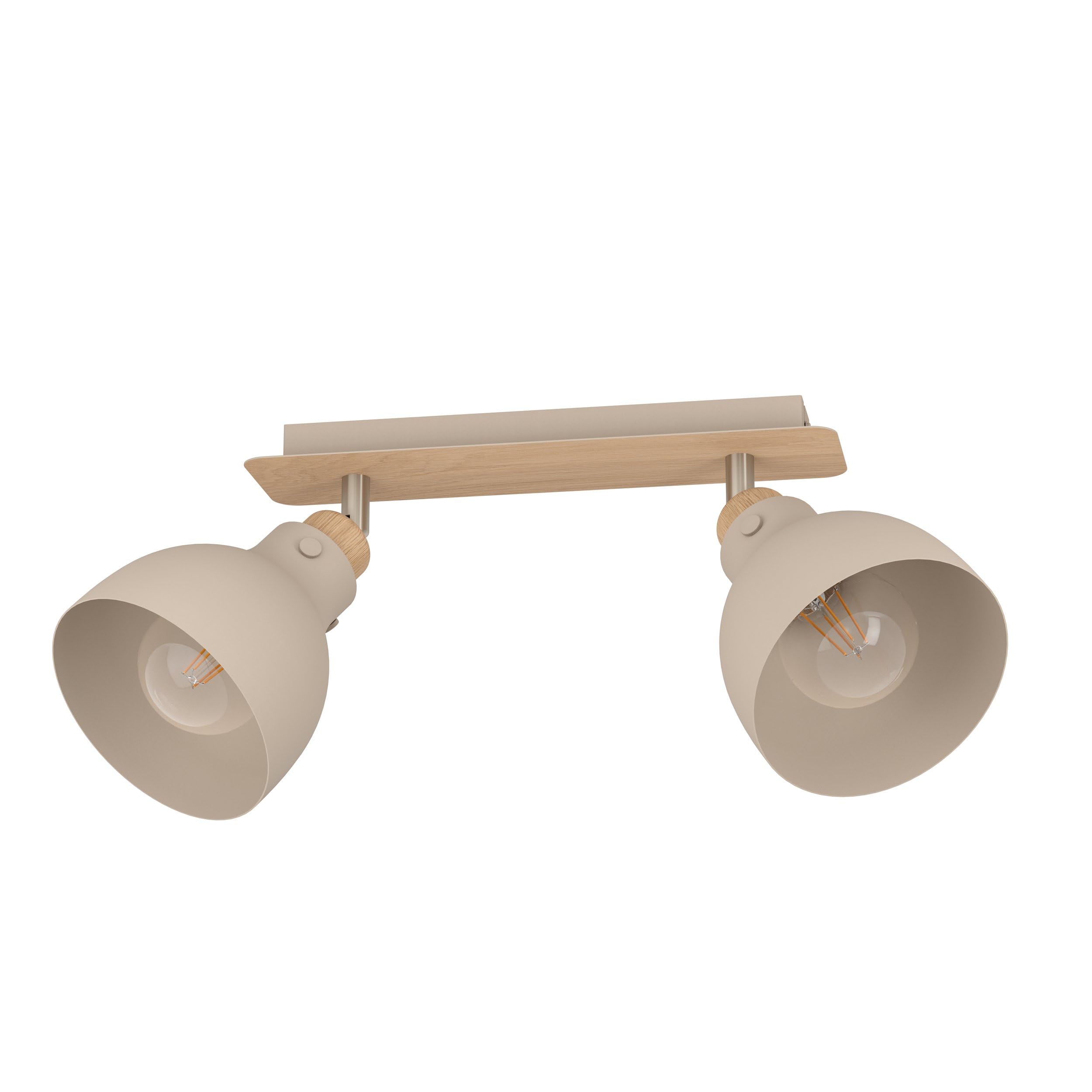 EGLO Deckenstrahler Arrecife, 2-flammige Deckenlampe mit schwenkbaren Spots, Deckenleuchte aus Metall in Sandfarben und natürlichem Holz in Eiche, Deckenspot mit E27 Fassung