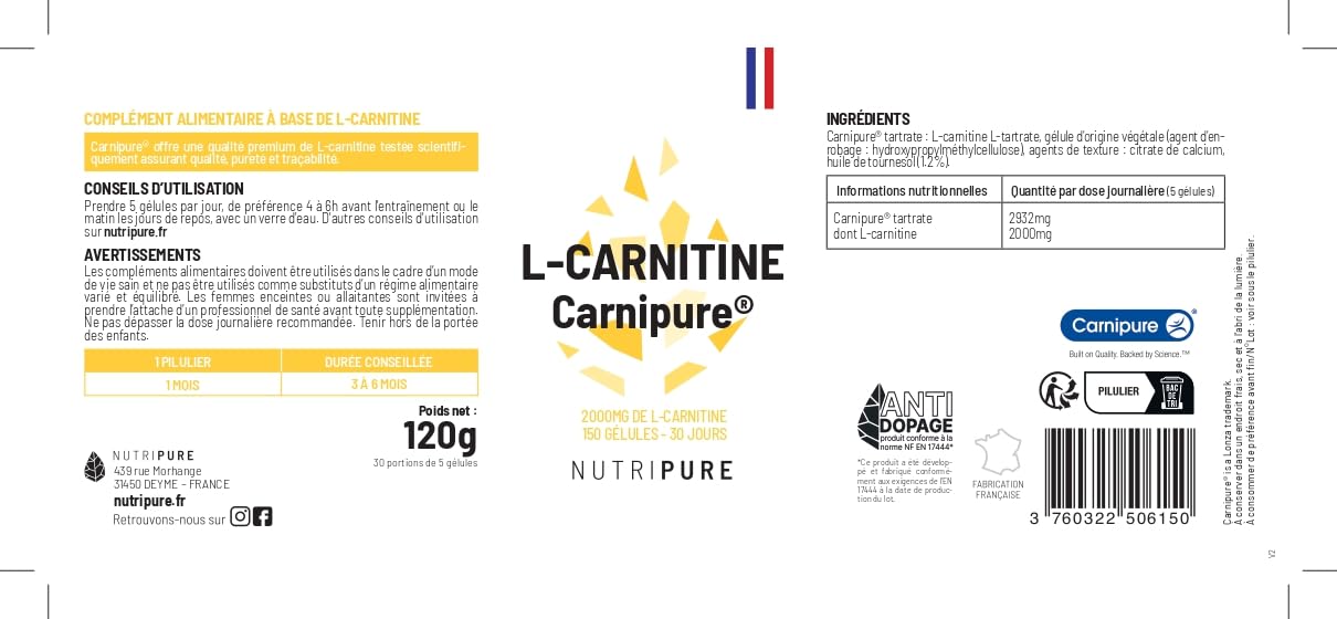 Nutripure | L-Carnitine Carnipure® 2000 mg | Forme Pure | 150 Gélules | Énergie & Métabolisme | Haute Biodisponible | Idéal Avant l'Entraînement | Vegan | 1 Mois | Made in France