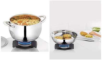 Borosil - Stainless Steel Handi Casserole with Lid, Impact Bonded Tri-Ply Bottom, 4 L, Silver & Borosil - Stainless Steel Fry Pan, Impact Bonded Tri-Ply Bottom, Silver