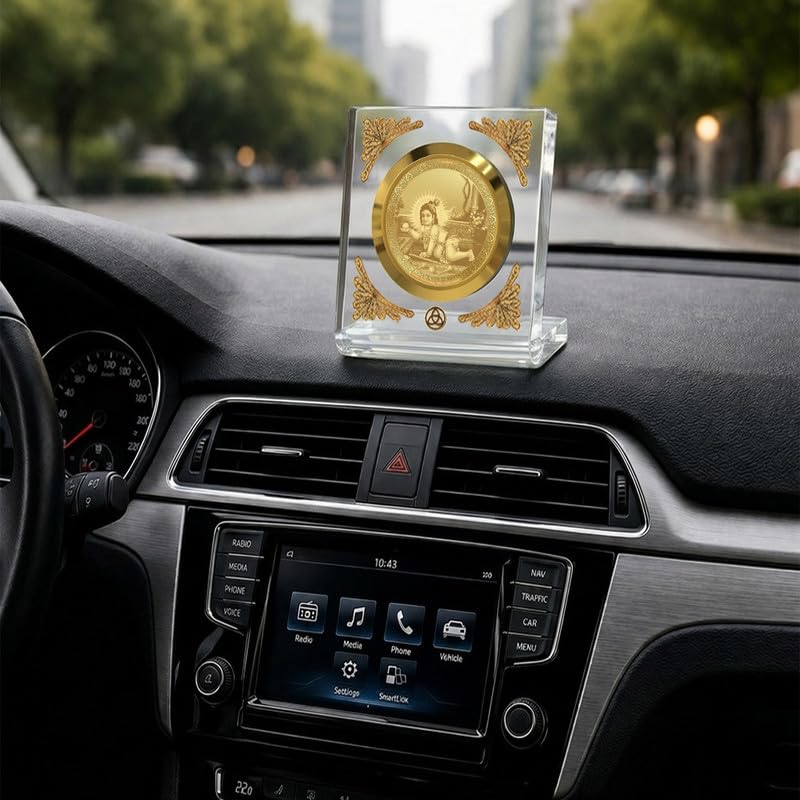 Image of DIVINITI 24K Gold Plated Lord Laddu Gopal Acrylic Frame for Car Dashboard, Home Temple & Office Table | Premium Spiritual Gift, Blessings for Protection & Positivity, 8x7 cm Decorative Showpiece
