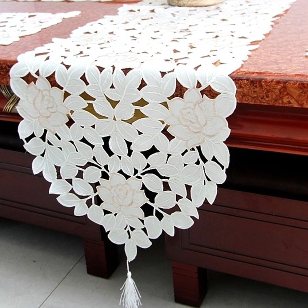 Haokaini Runner da tavola bianco vintage ricamato con fiori centrini con nappe centrotavola per festa di nozze banchetto sala da pranzo decorazione per la casa