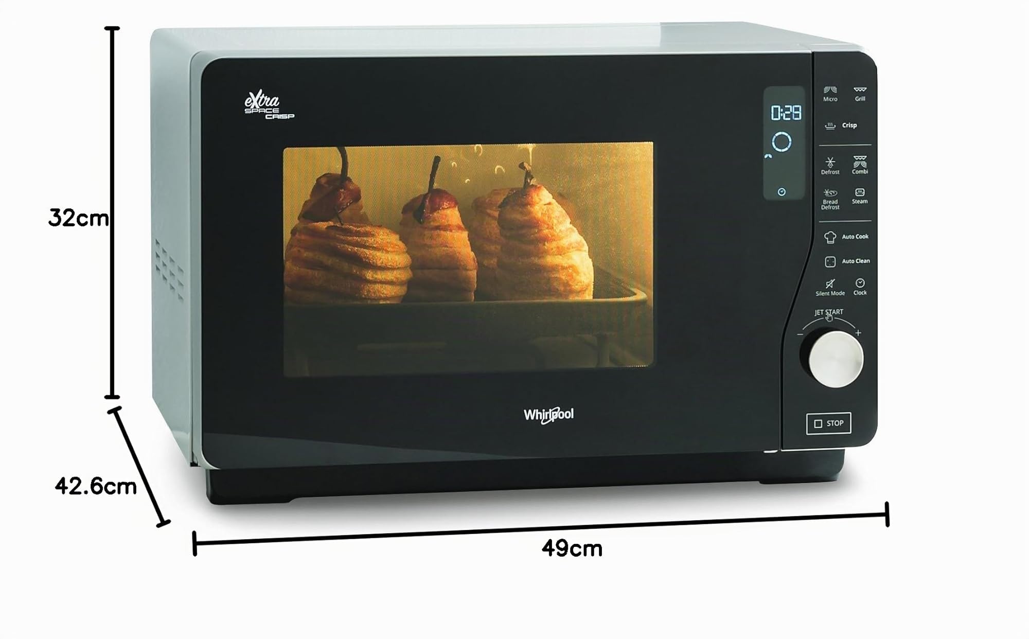 Whirlpool MWF 427 SL Four à micro-ondes Extra Space + Grill, 25 litres, argent, avec steamer, grille haute et plate Crisp + poignée, 800 + 1000 W
