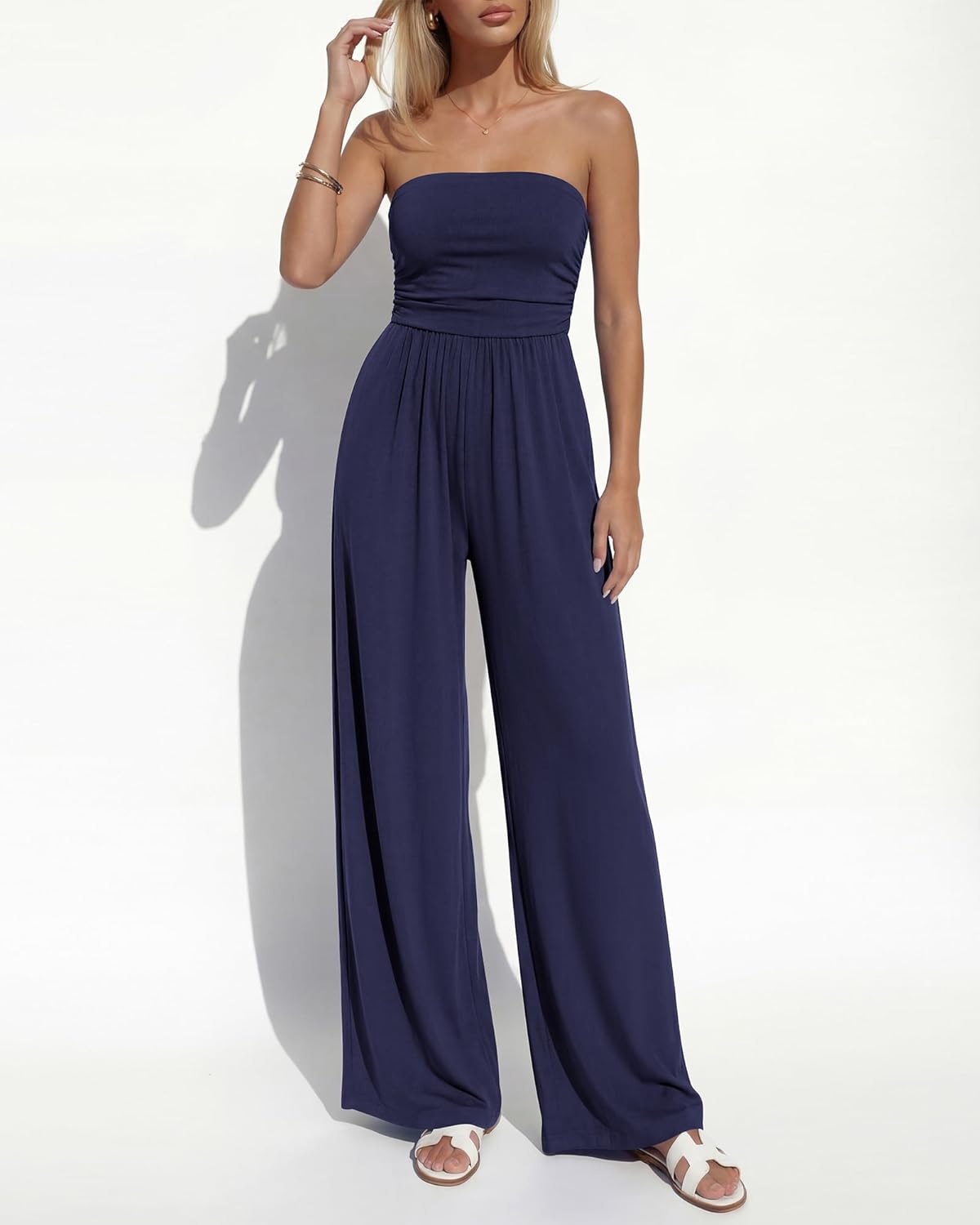 BTFBM Jumpsuits For Women Summer 2026 Beach Vacation Strapless Tube Top Jumpsuit Ruched Casual Wide Leg Pant Rompers