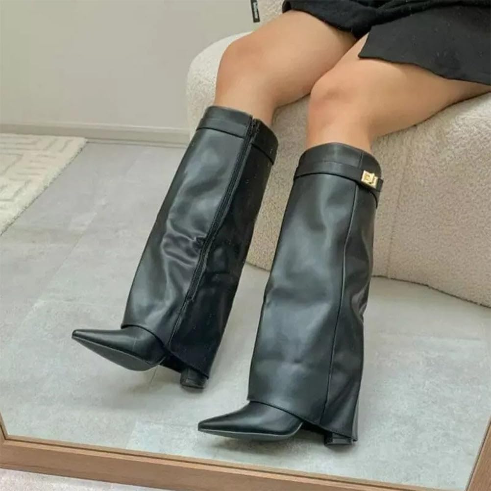 Stivali Donna Invernali Cowboy Stivaletti Alti Tacchi Biker Fold Over Boots con Tacco