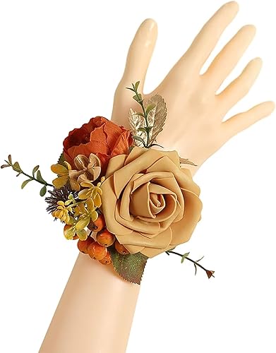 Emivery Juego de 6 ramilletes de muñeca, ramillete de flores de terracota, pulsera rústica para niña, dama de honor, boda, ramillete de muñeca,