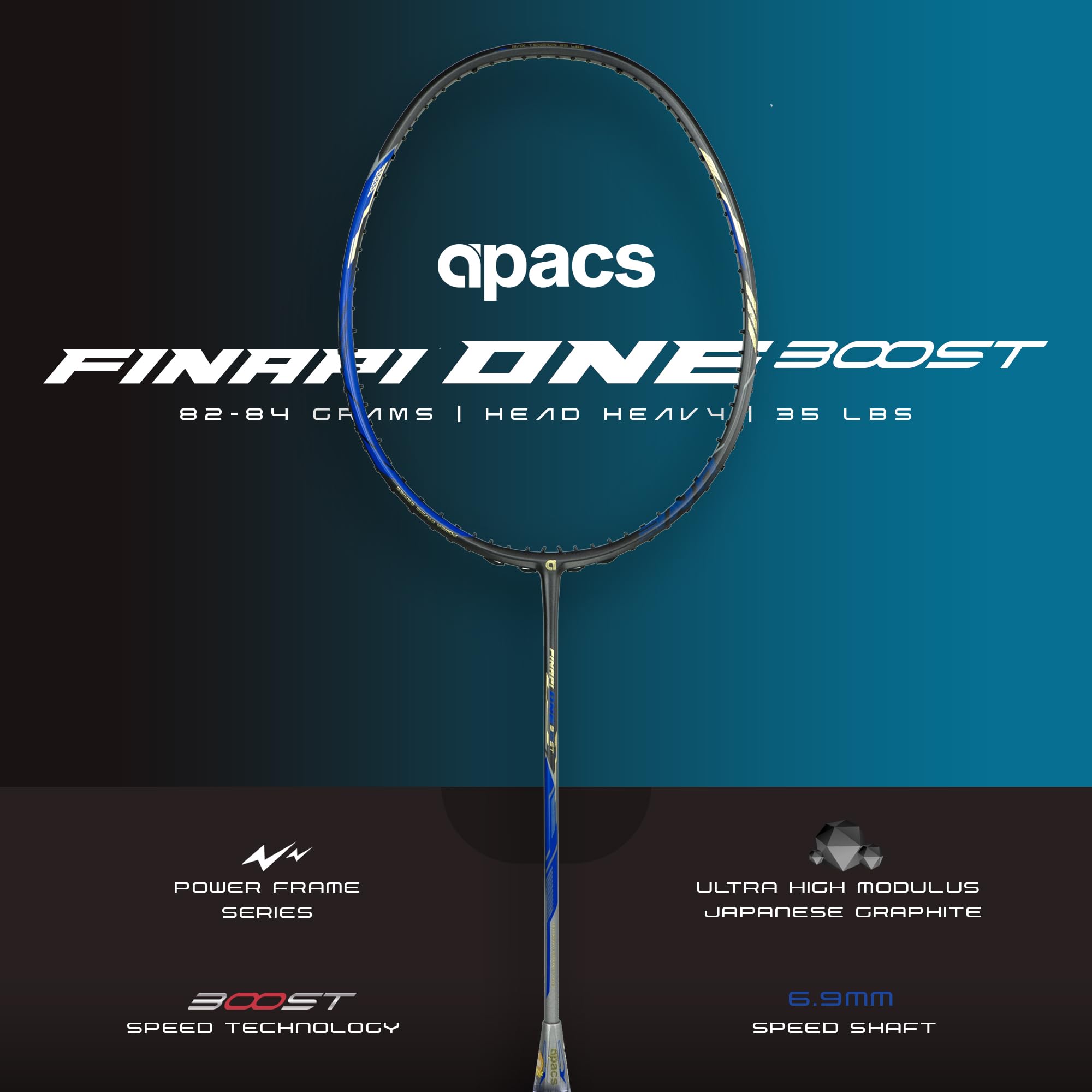 Apacs Finapi ONE Boost (Speed Frame ze 100% japońskiego włókna węglowego UHM, 15,9 kg) rakieta do badmintona z pełnym pokryciem (szaro-niebieska)