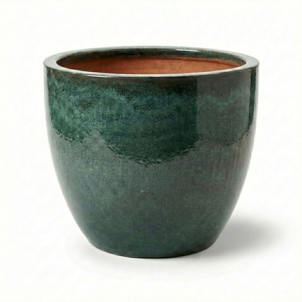 Teramico Premium Vaso per Piante in Ceramica Smaltata – 100% Resistente al Gelo & Fatto a Mano. Vaso per Fiori con Foro per Esterni & Interni. Vaso Unico di Alta Qualità, Resistente all'Inverno (Verde