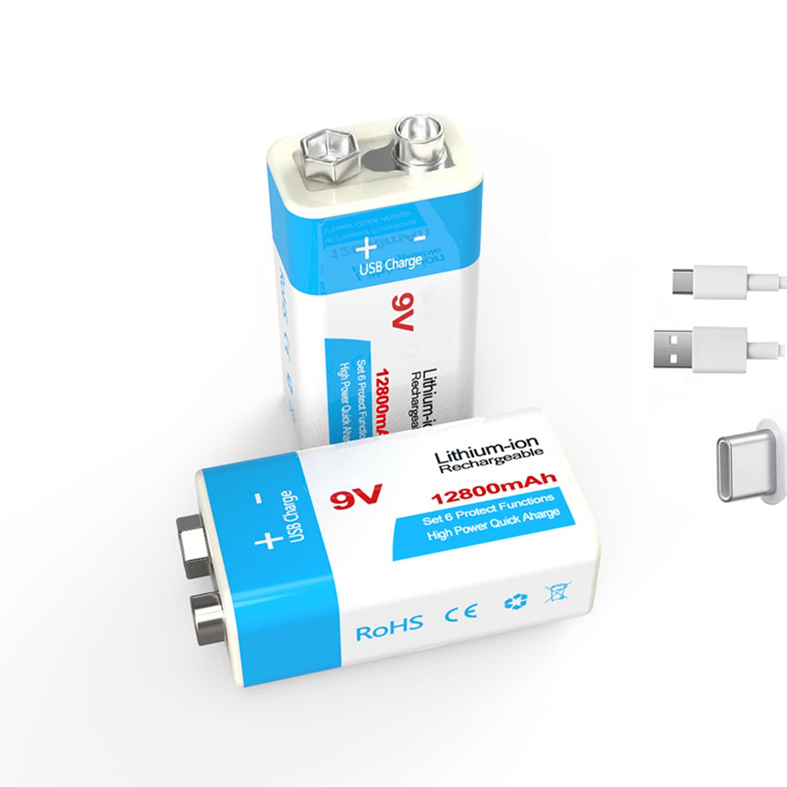 Piles au Lithium Rechargeables 9 V USB Type-c 9 Volts 9900 mAh 12800 mAh Batteries de Remplacement 1,5 H Charge Rapide 1000 Cycles pour appareils électriques 9 V