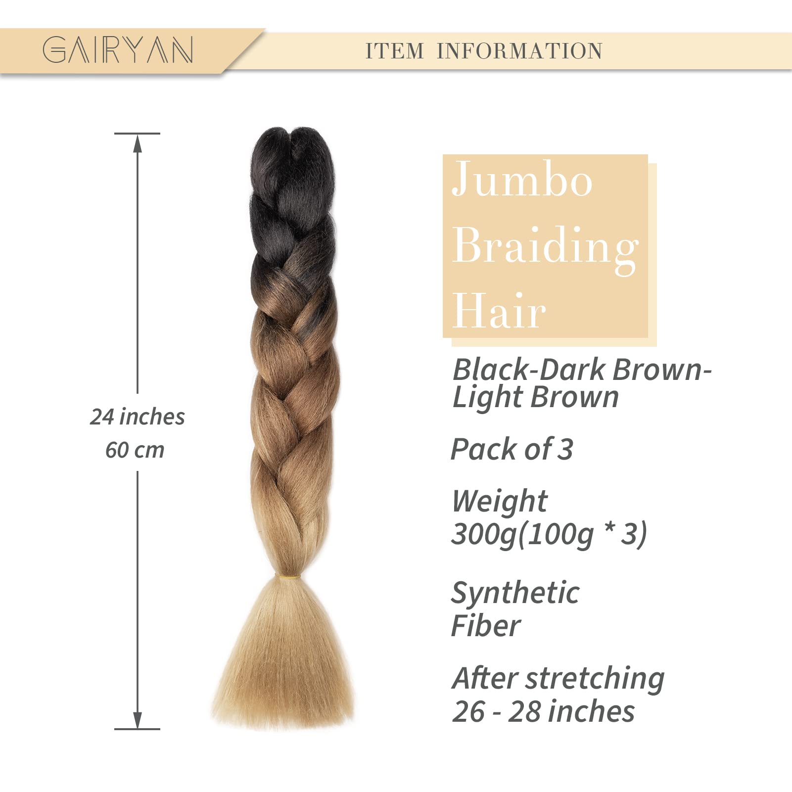 Gairyan Jumbo Braiding Hair Extensions 24" 3PCS 300g Ombre Jumbo Braids Hair Extensions Synthetic Coloured Hair for Braiding Extensions Afro Box Braids Crochet Twist - Image 2