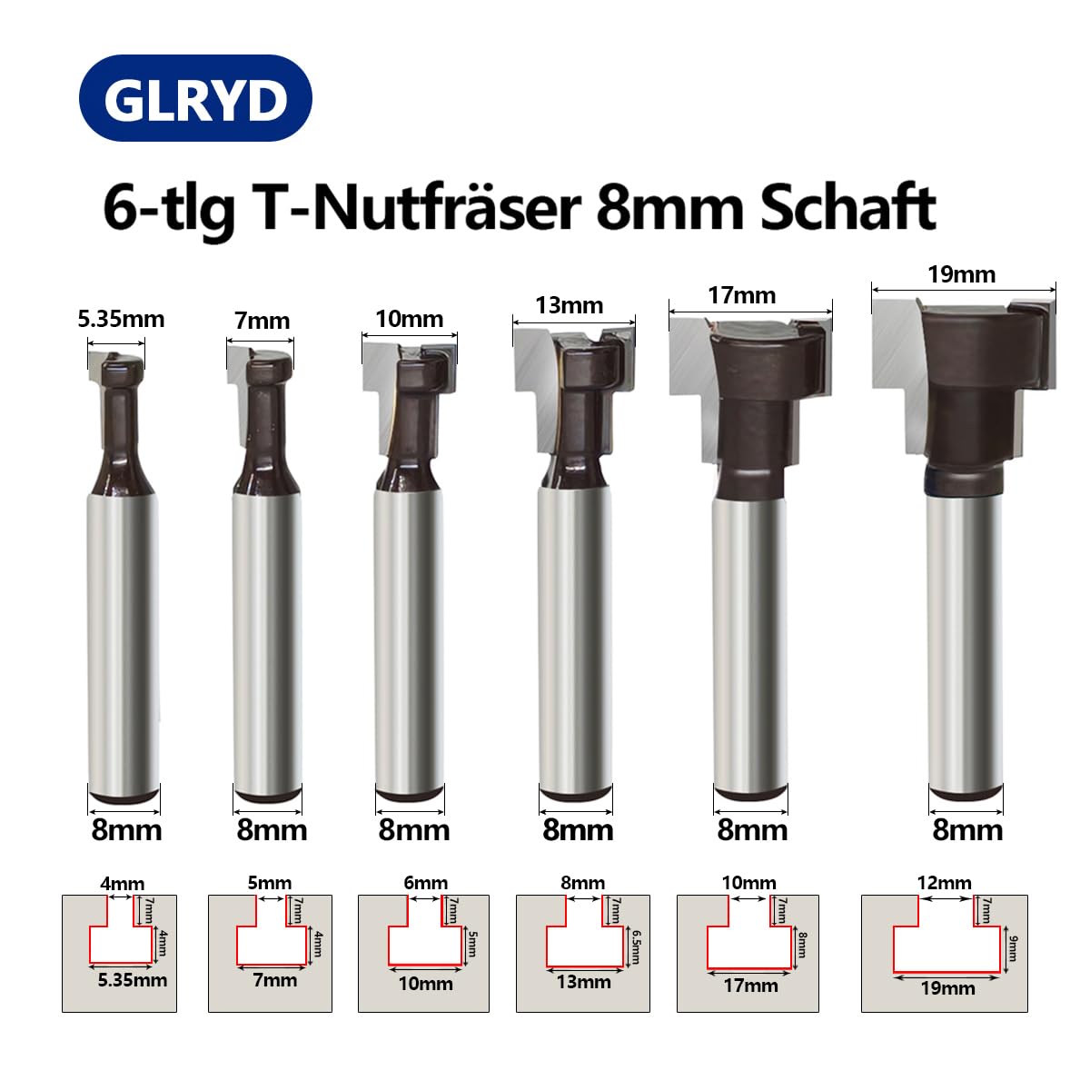6-tlg. T-Nutfräser-Set 8mm Schaft – Hartmetall T Nut-Fräser Oberfräse, T-Track Schlitz, für Holz, Holzbearbeitung (Durchmesser 5.35/7/10/13/17/19mm)