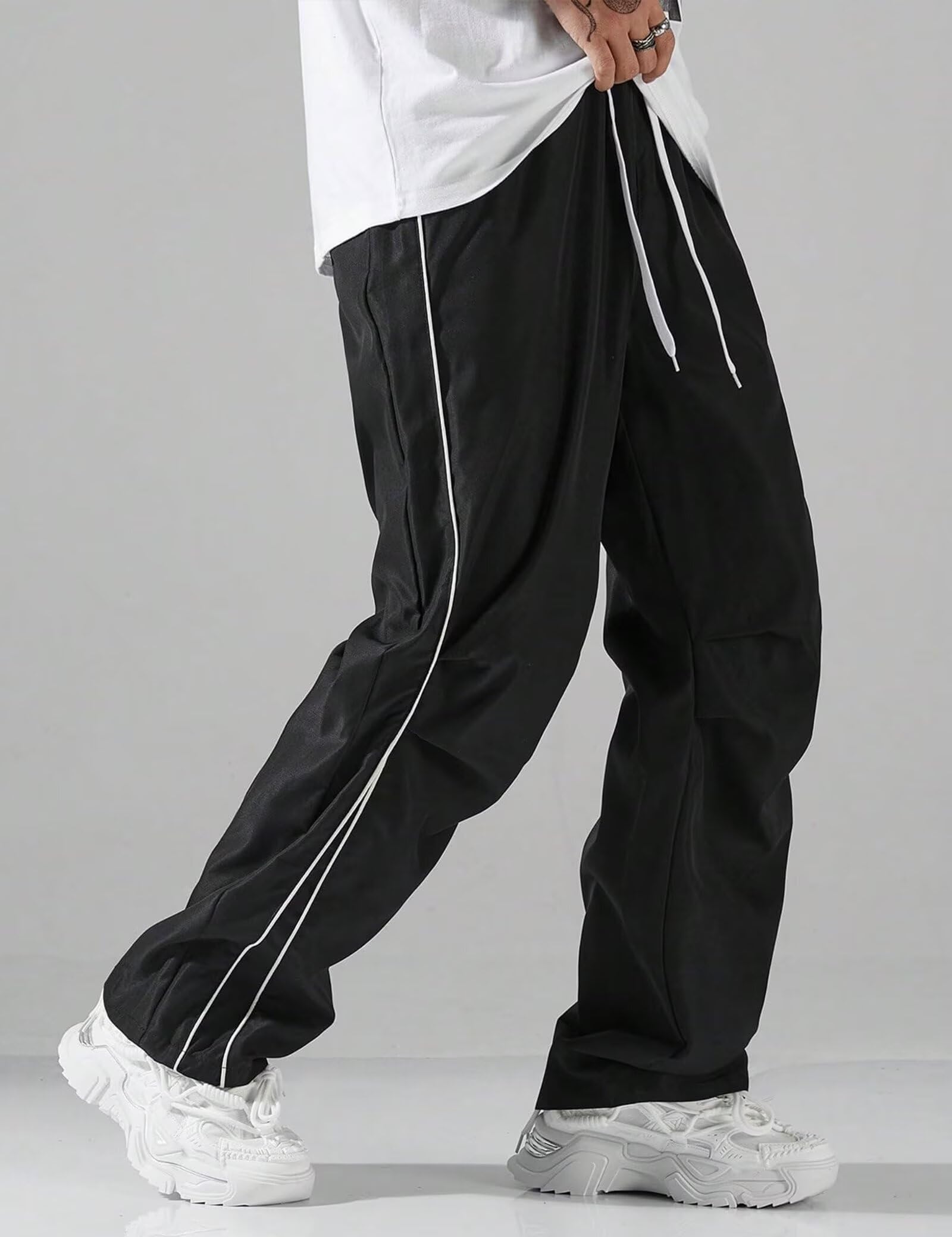 FCOOLYEET Y2k Herren-Trainingshose mit Kordelzug, leicht, weites Bein, coole Fallschirmhose, Streetwear
