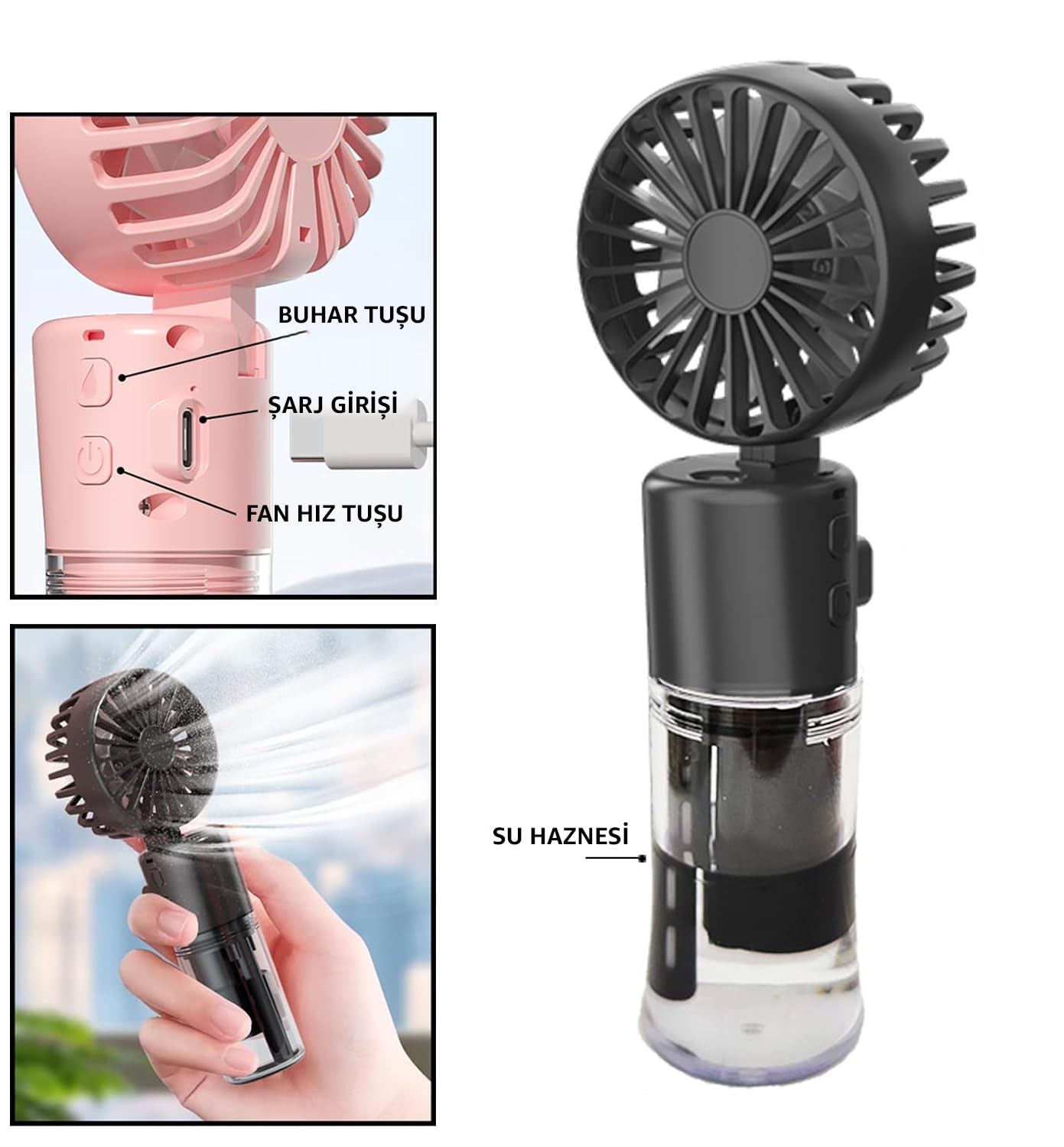 ROBEVE Elle Tutulabilir Taşınabilir Buharlı Vantilatör Mini Fan – 4 Hız Ayarı, Şarjlı, Misting Özelliği, Kompakt ve Hafif Tasarım, Buharlı Vantilatör Fan Asorti Renk