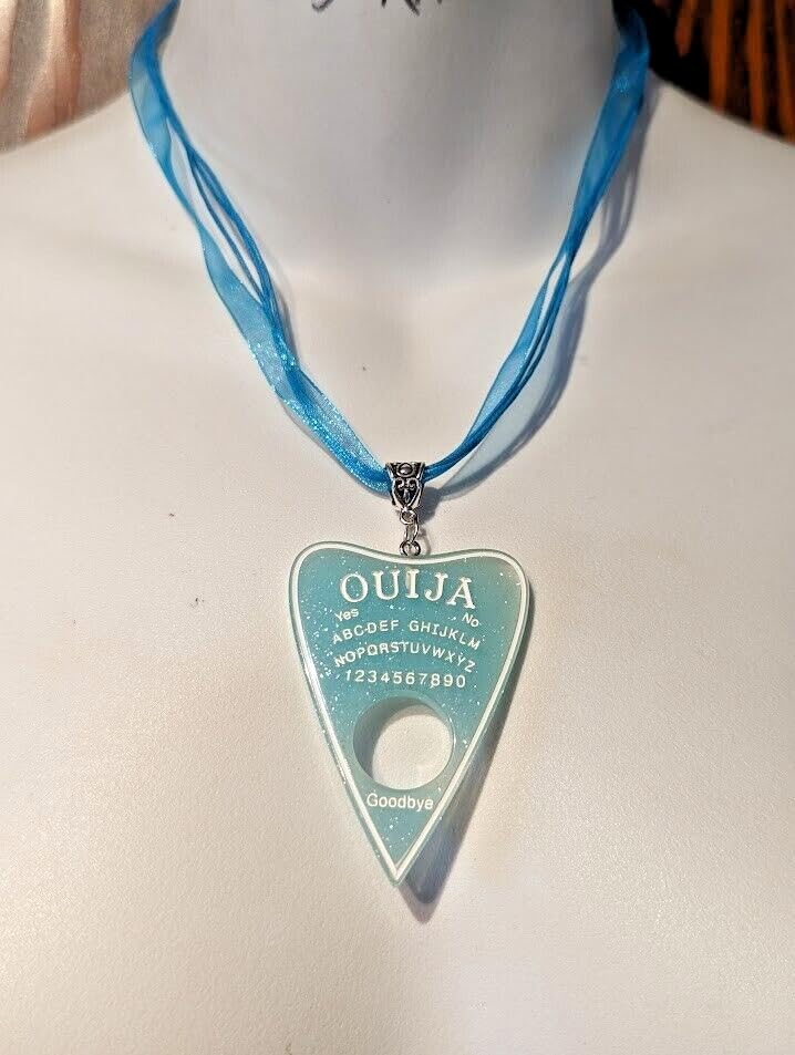 Generic Aqua Blue Glitter Ouija Planchette Pendant on Organza Ribbon & Cord Choker spirit board gothic necklace3