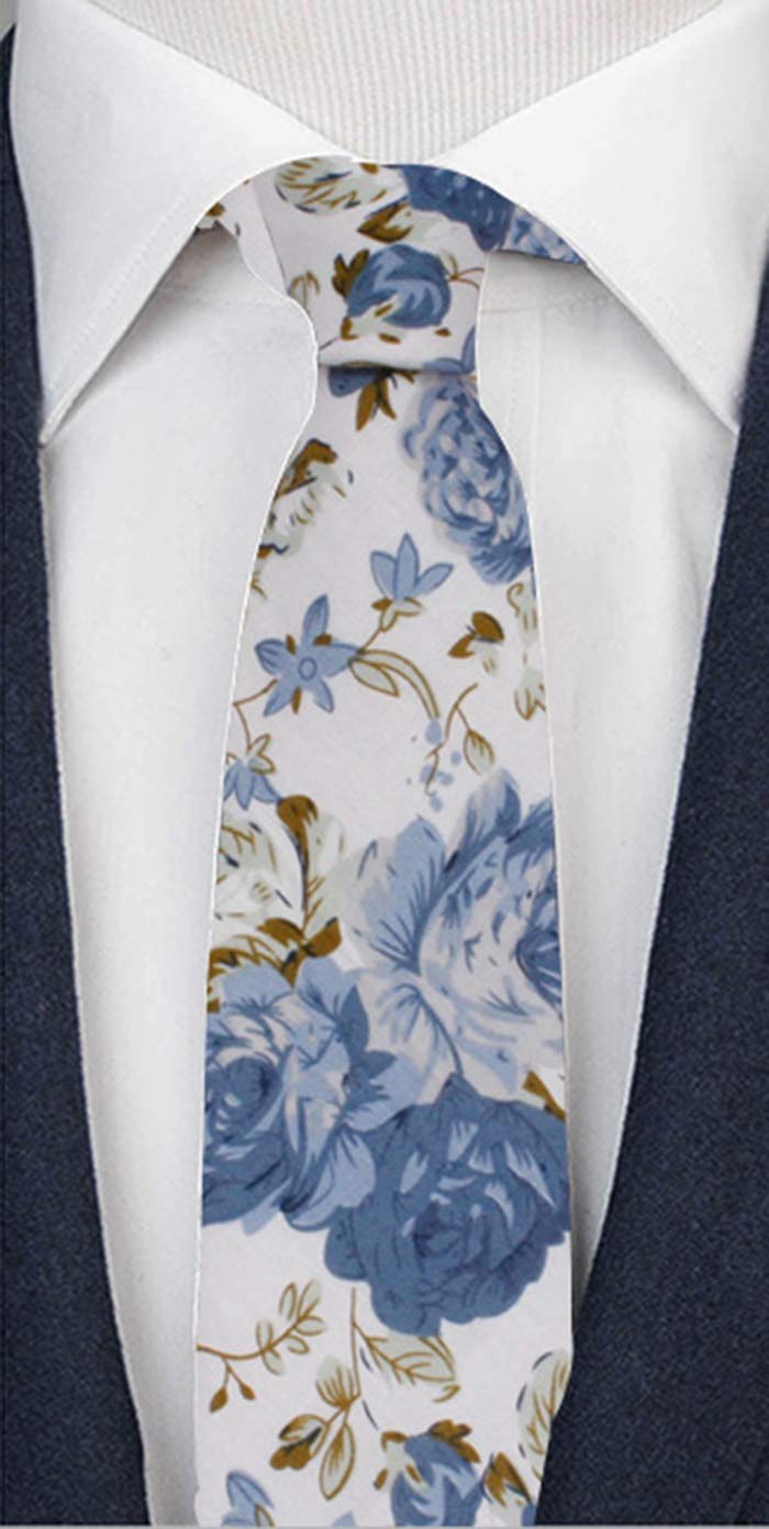 Corbata delgada de algodón floral para hombre, Flores Azules - Blanco (2.6) 4