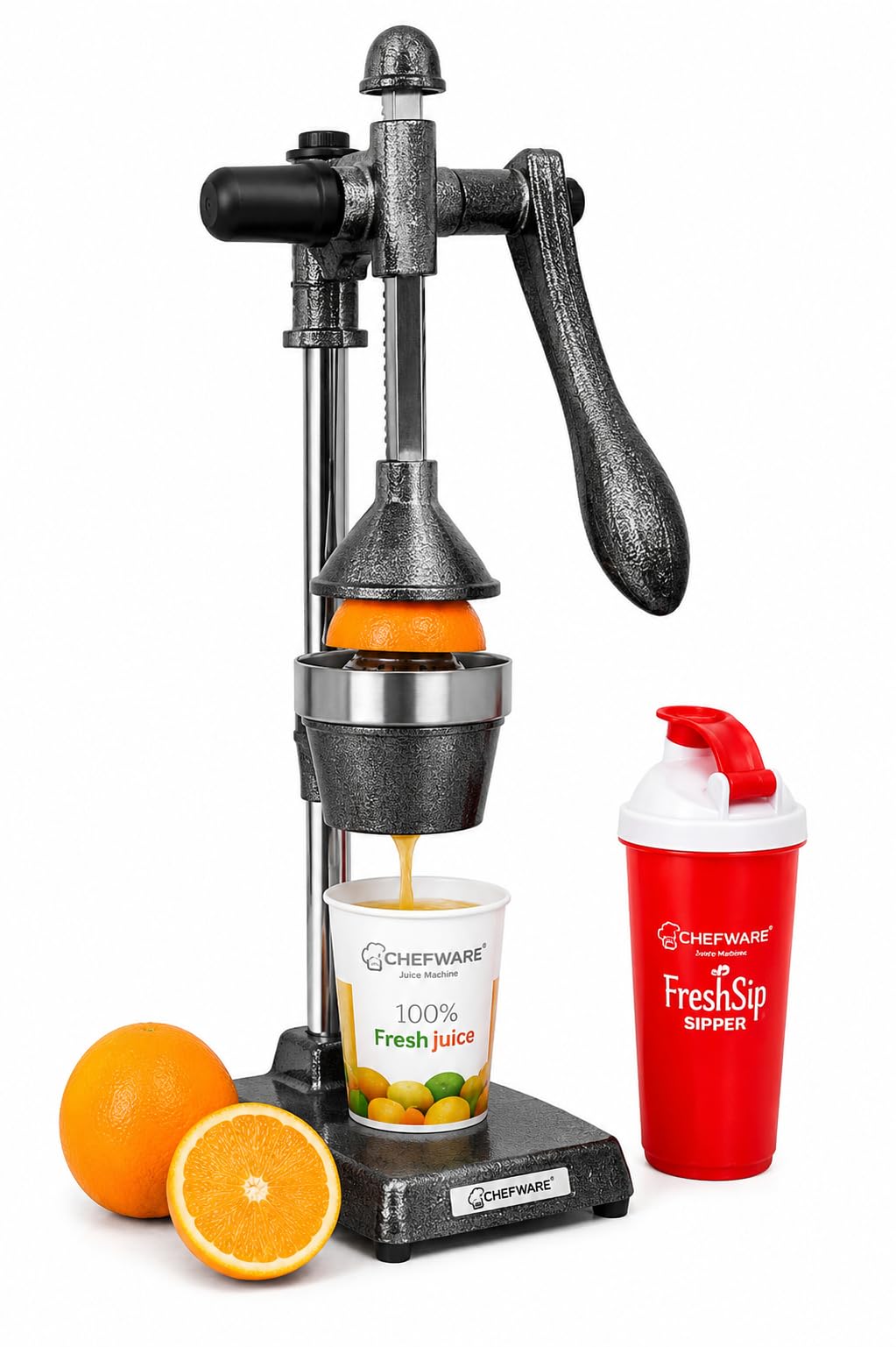 CHEFWARE Aluminum Hand Press Citrus Juicer (Antique Silver, Big Size) | Heavy Duty Manual Juicer for Fruits & Vegetables | 100% Made in India | Includes FreshSip Sipper
