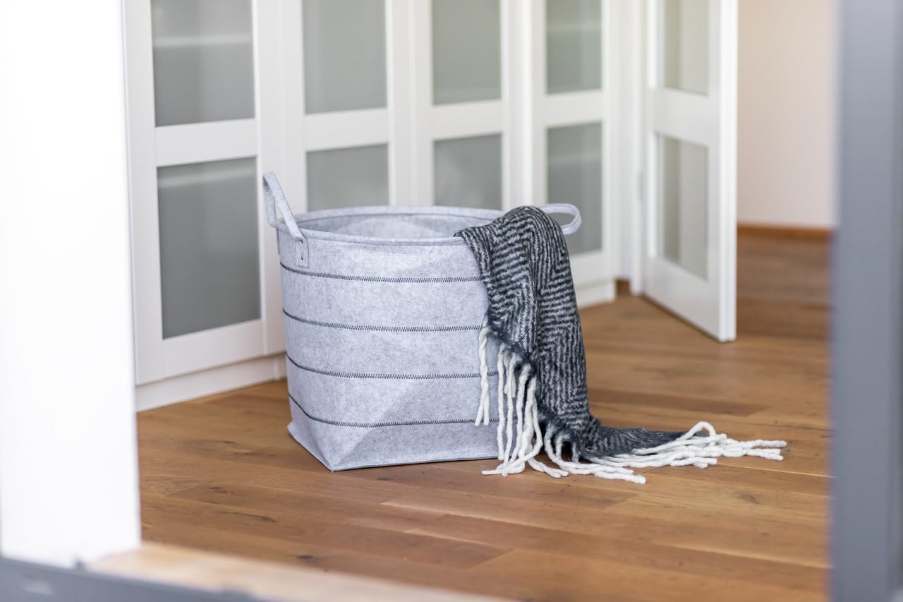 WENKO Nella L storage basket, high-quality felt basket made of 100% low-maintenance polyester in grey with decorative stitching and 2 carrying handles for easy transport, 79 L volume, Ø 48 x 44 cm