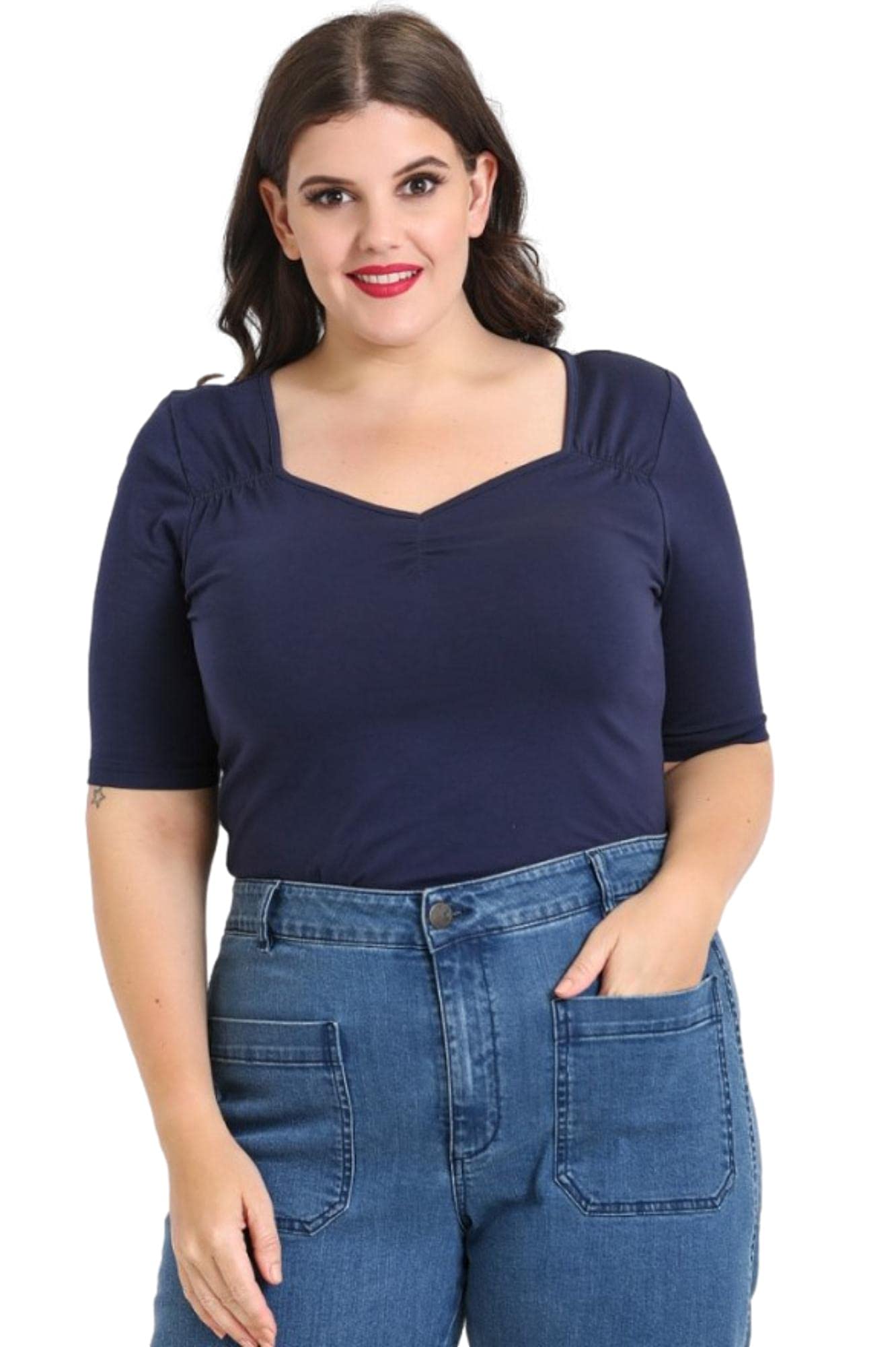 Hell Bunny Philippa Vintage Style Jersey Top - Navy Blue (L)