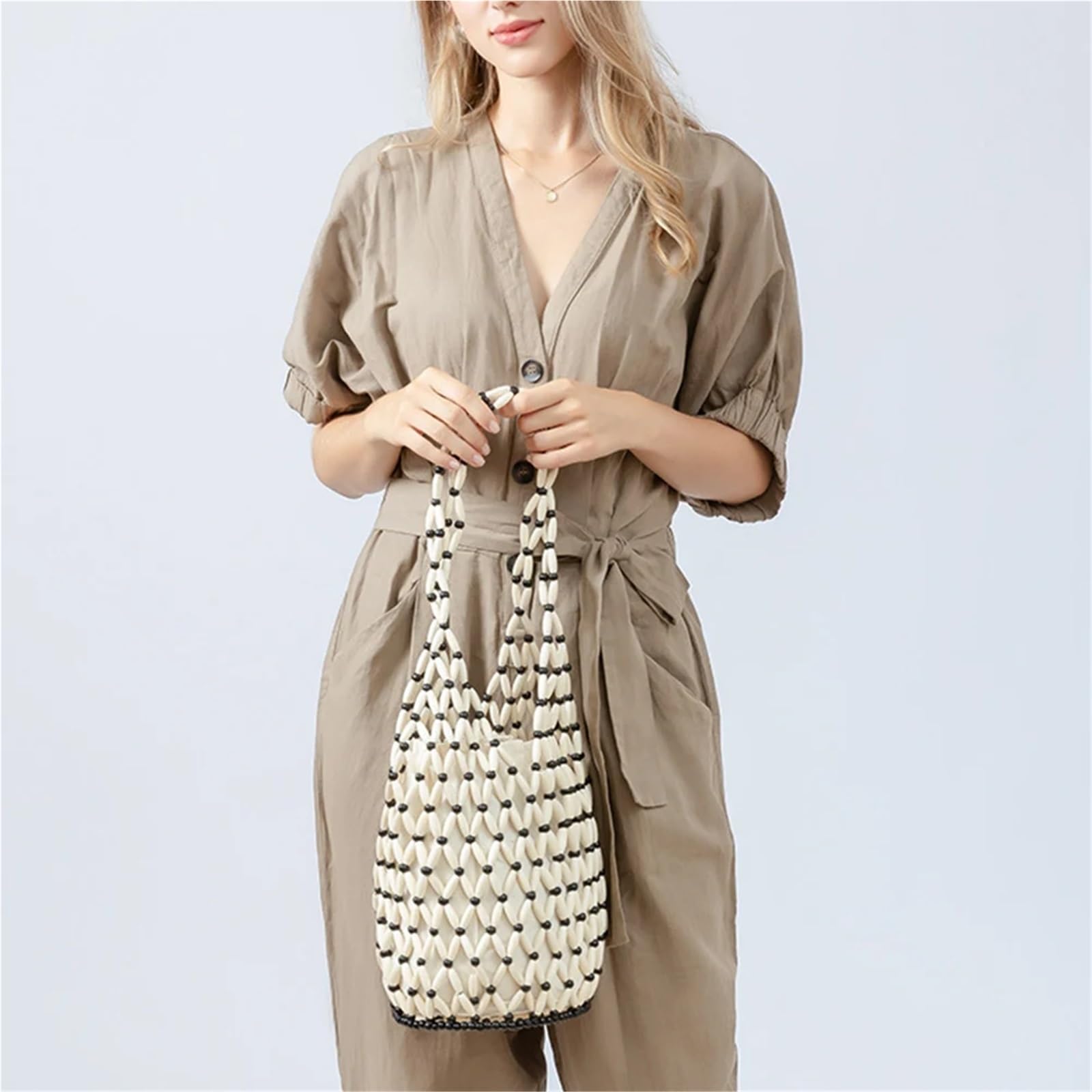 Bolso de Hombro de Paja Bolsos de hombro huecos for mujer, bolso mano tejido, con cuentas madera, playa asa superior for verano