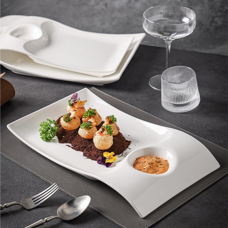 Platos de Cena Plato Rectangular de cerámica con Compartimento for vinagre, vajilla de Estilo Chino for Bola de Masa, Pato asado y Comida fría Platos de Pasta(M)