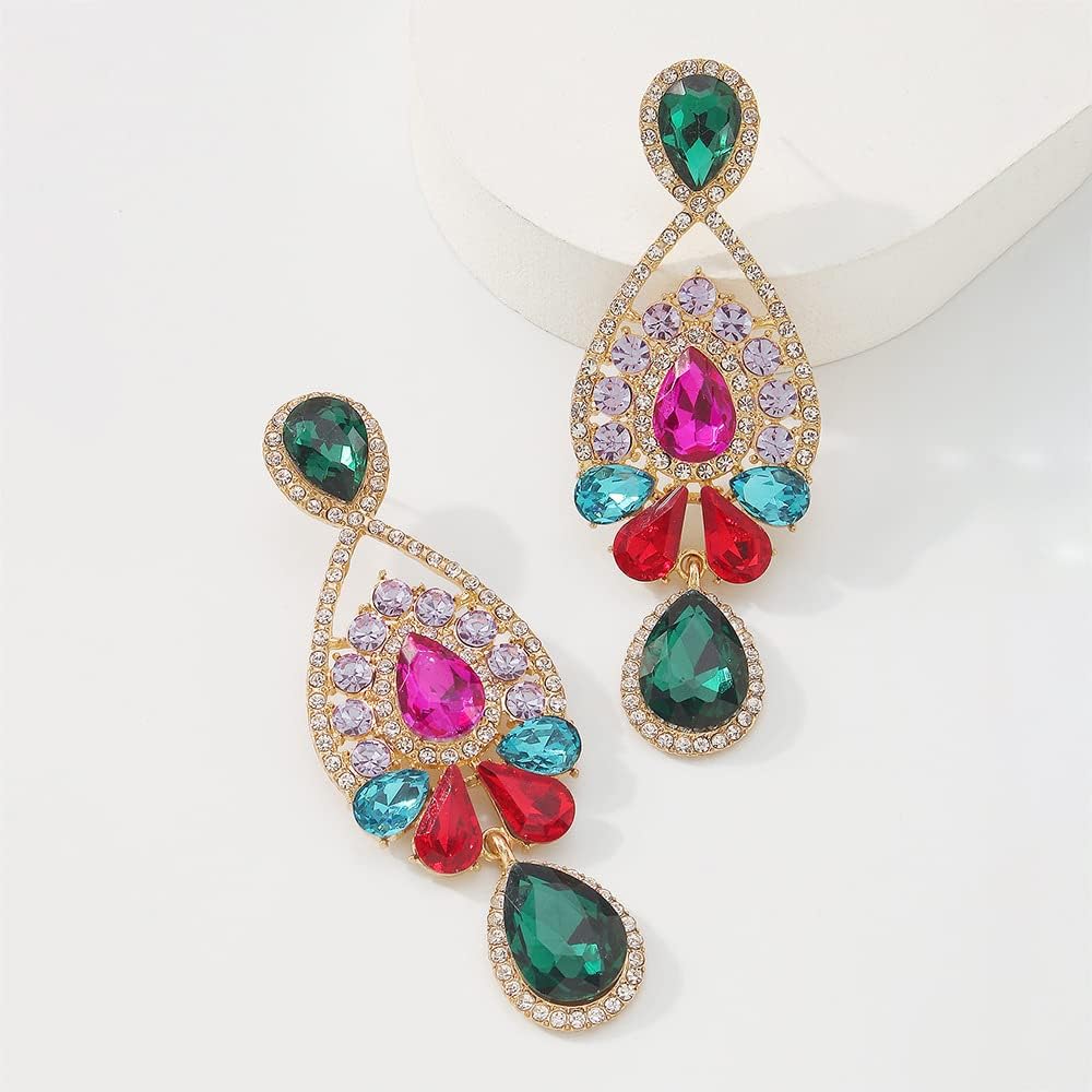 Wekicici Multicolor Rhinestone Earrings Bridal Chandelier Drop Earrings Cluster Rhinestone Dangle Earrings for Wedding Party Fashion Accessories Gift for Women (Multicolor) - Image 4
