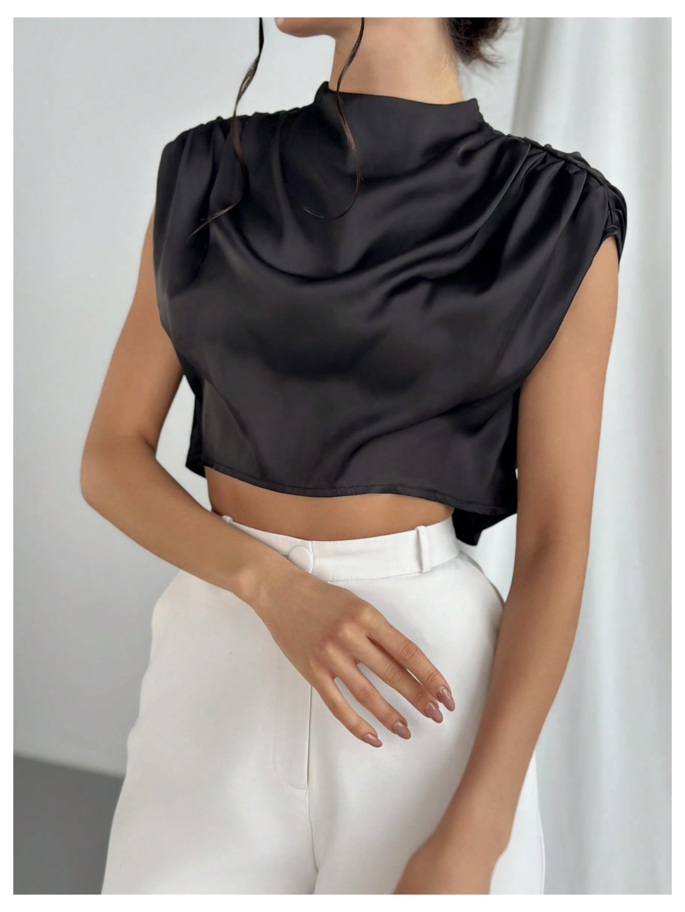 SweatyRocks Women's Satin Crop Tops Ruched Mock Neck Cap Sleeve Elegant Blouse Shirt