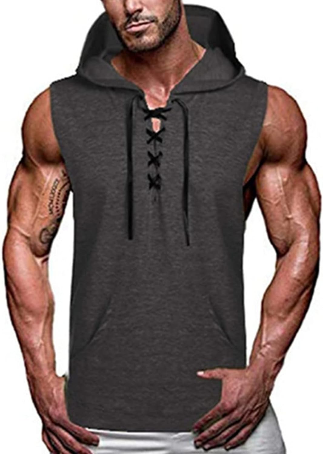 Yhong Mens Lace Up Hooded Tank Top with Pockets Sleeveless Drawstring Sport Top Fitness Workout Bodybuilding Muscle Vest