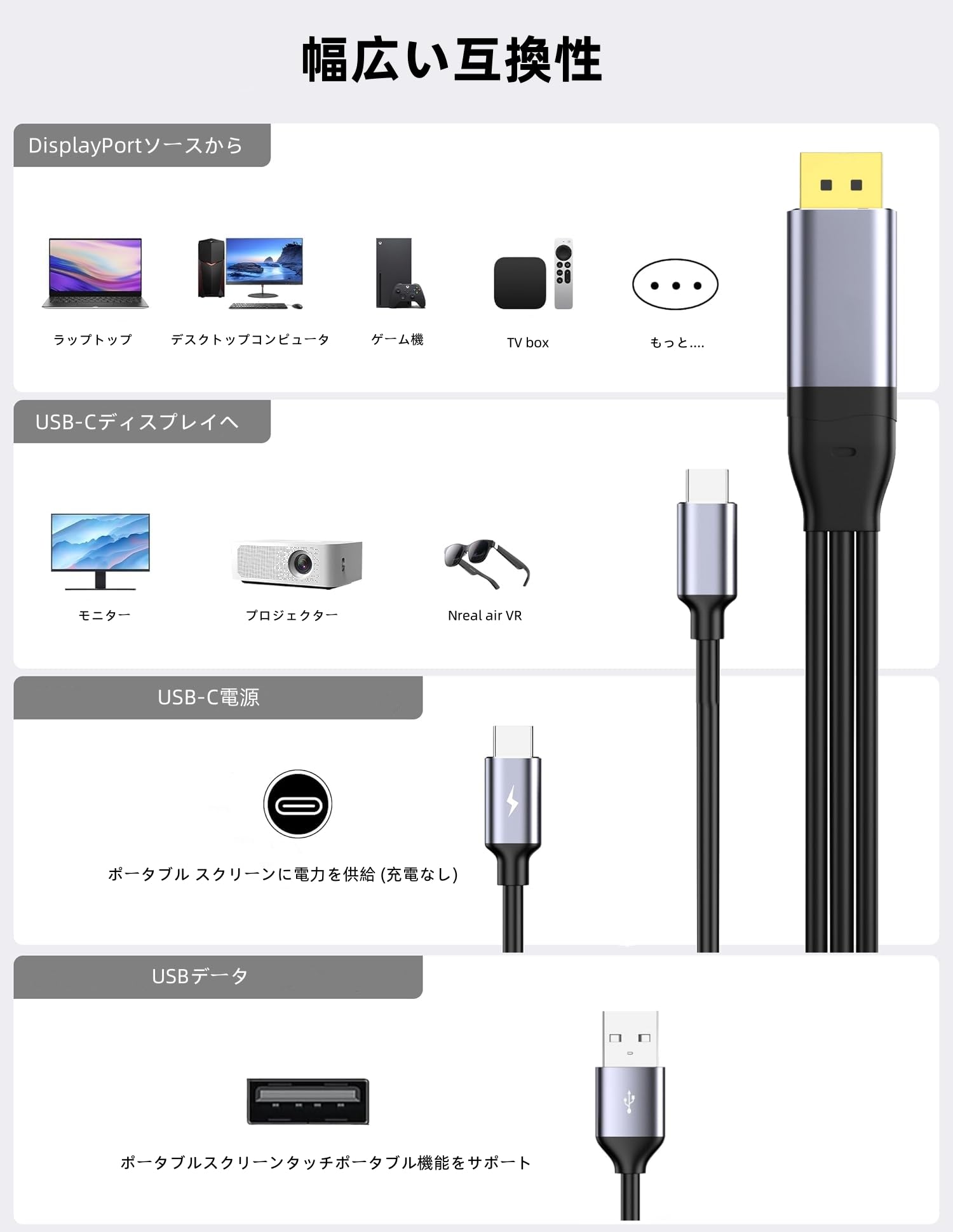 ポータブルディスプレイ USB-C接続 USB-C - DisplayPort 1.4変換ケーブル／2m／8K60Hz／HDR HBR3