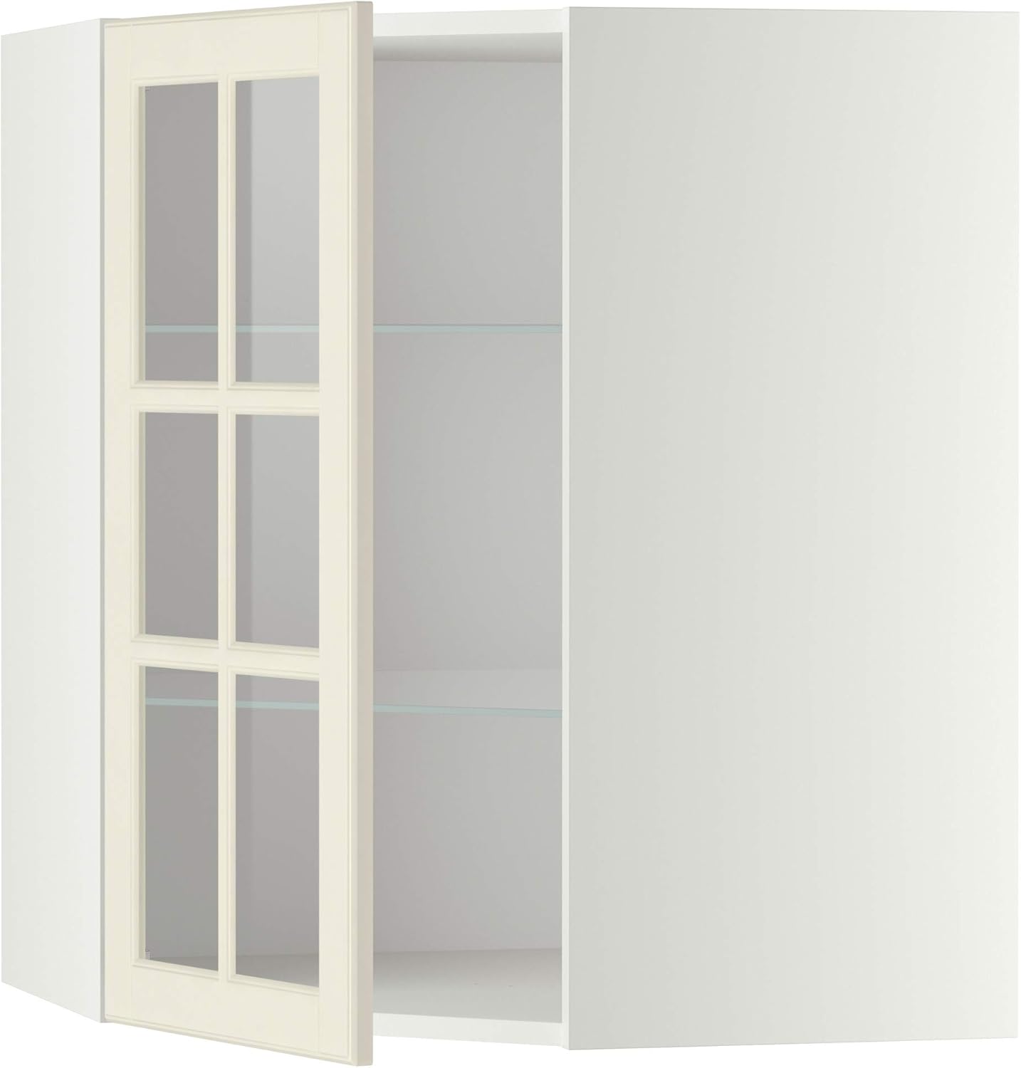 METOD Corner wall cab w shelves/glass dr, white/Bodbyn off-white, 68x80 cm