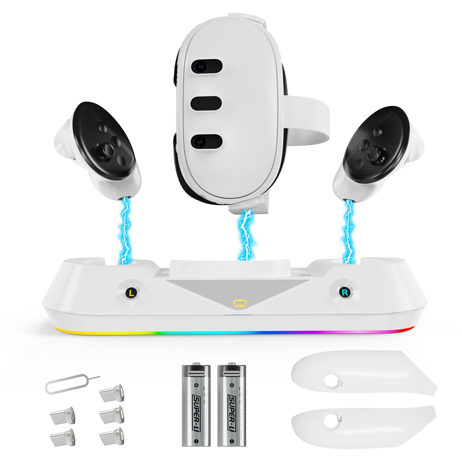 MAKINGTEC Fast Charging Dock Compatible with Meta Quest 3, Magnetic Charging Station with RGB Light,2 Rechargeable Batteries for Oculus Quest 3 Headset and Touch Controllers
