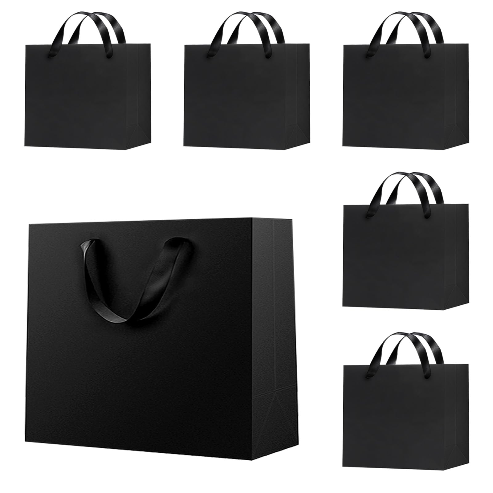 Offizon 6 Pcs Black Gift Bags, 8.7x3.9x7.1inch Paper Bag with Ribbon Handle, Gift Bags for Christmas, Party Favor, Birthdays and Holidays (22x10x18cm)