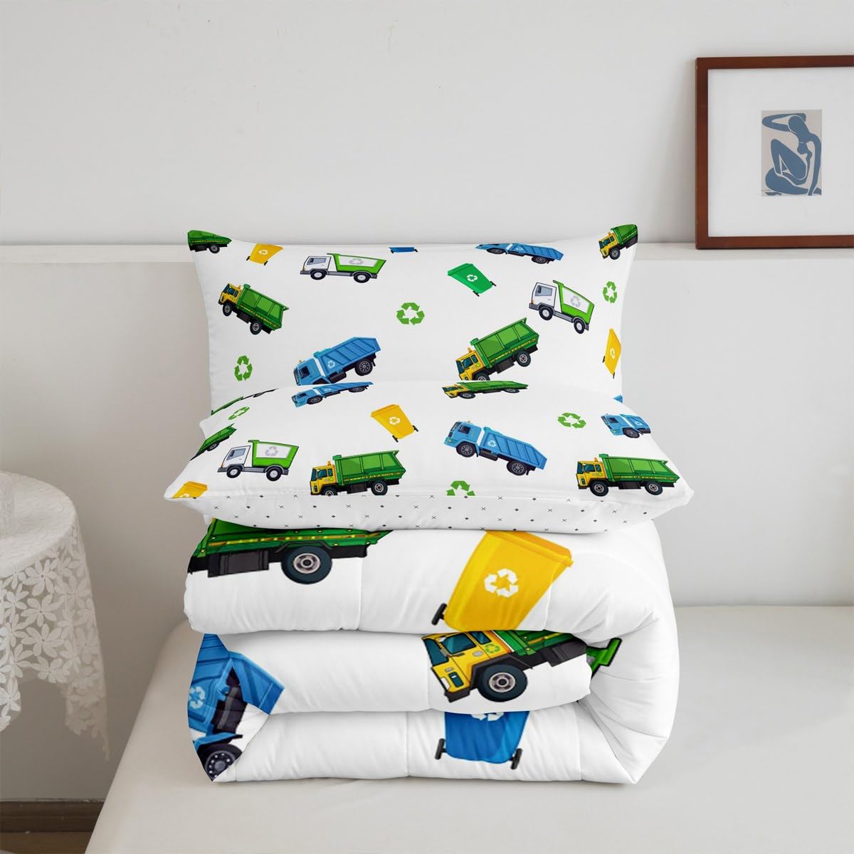 Juego de edredón de camión de basura, tamaño individual, juego de ropa de cama de coche de dibujos animados para niños, adolescentes, niñas, decoración de habitación infantil, suave, blanco, verde,