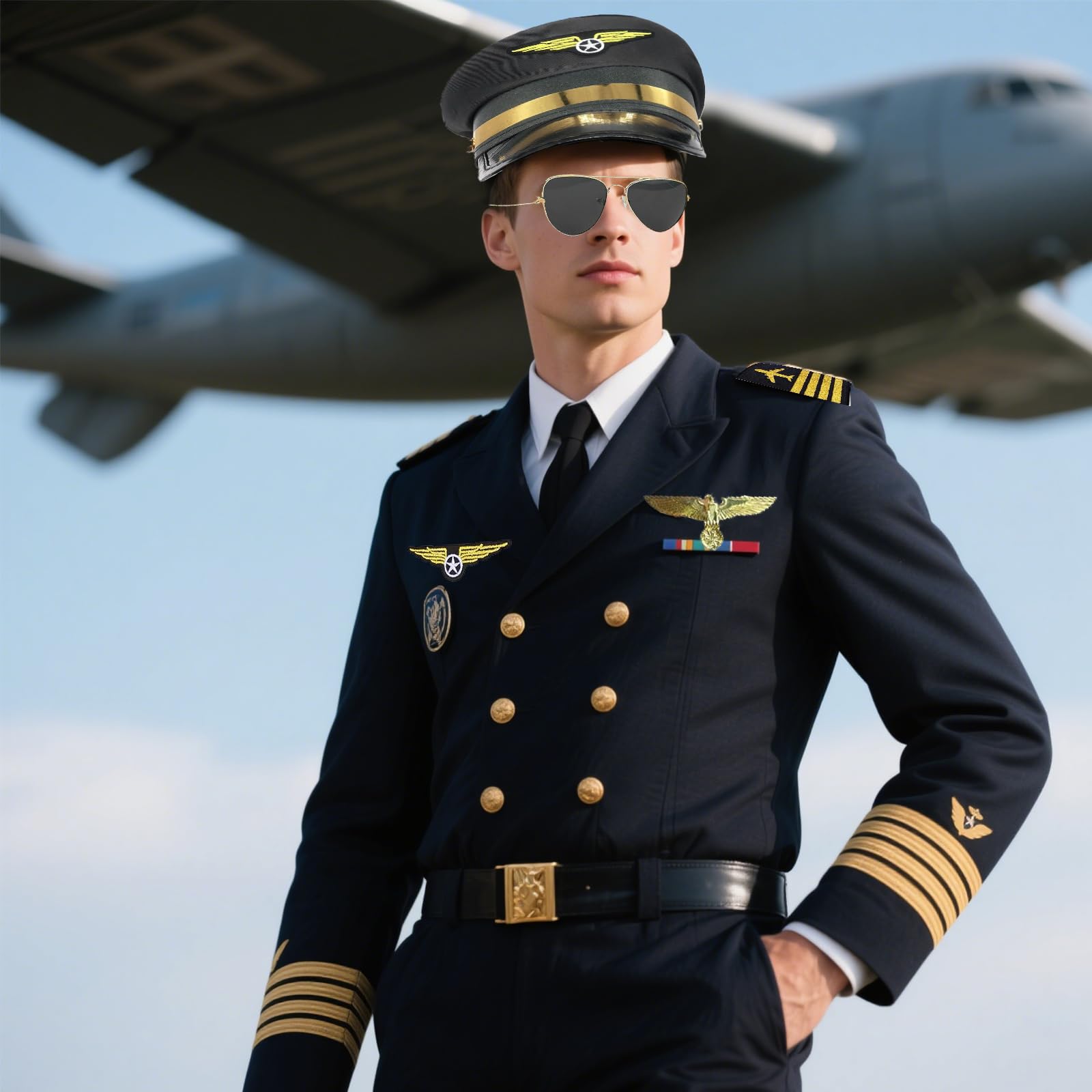 Kostium pilota, kostium kapitana, akcesoria do kostiumu, zestaw pilotów, kapitan, karnawał, pagony, paski, kapelusz pilotka, dla dorosłych i mężczyzn, na imprezę (czarny)