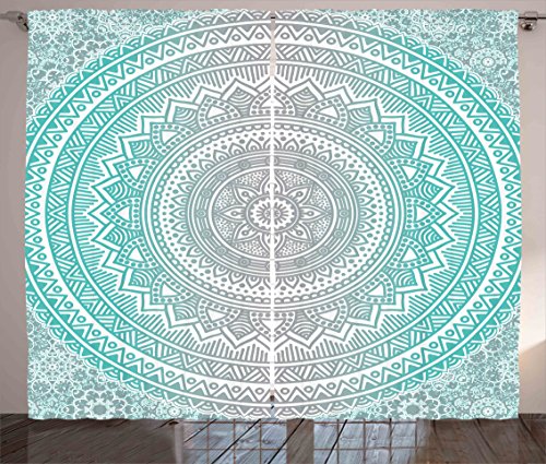 Ambesonne Grey and Aqua Curtains, Ombre Traditional Universe with Tribal Geometric Mandala Art, Living Room Bedroom Window Drapes 2 Panel Set, 108" X 84", Aqua Grey